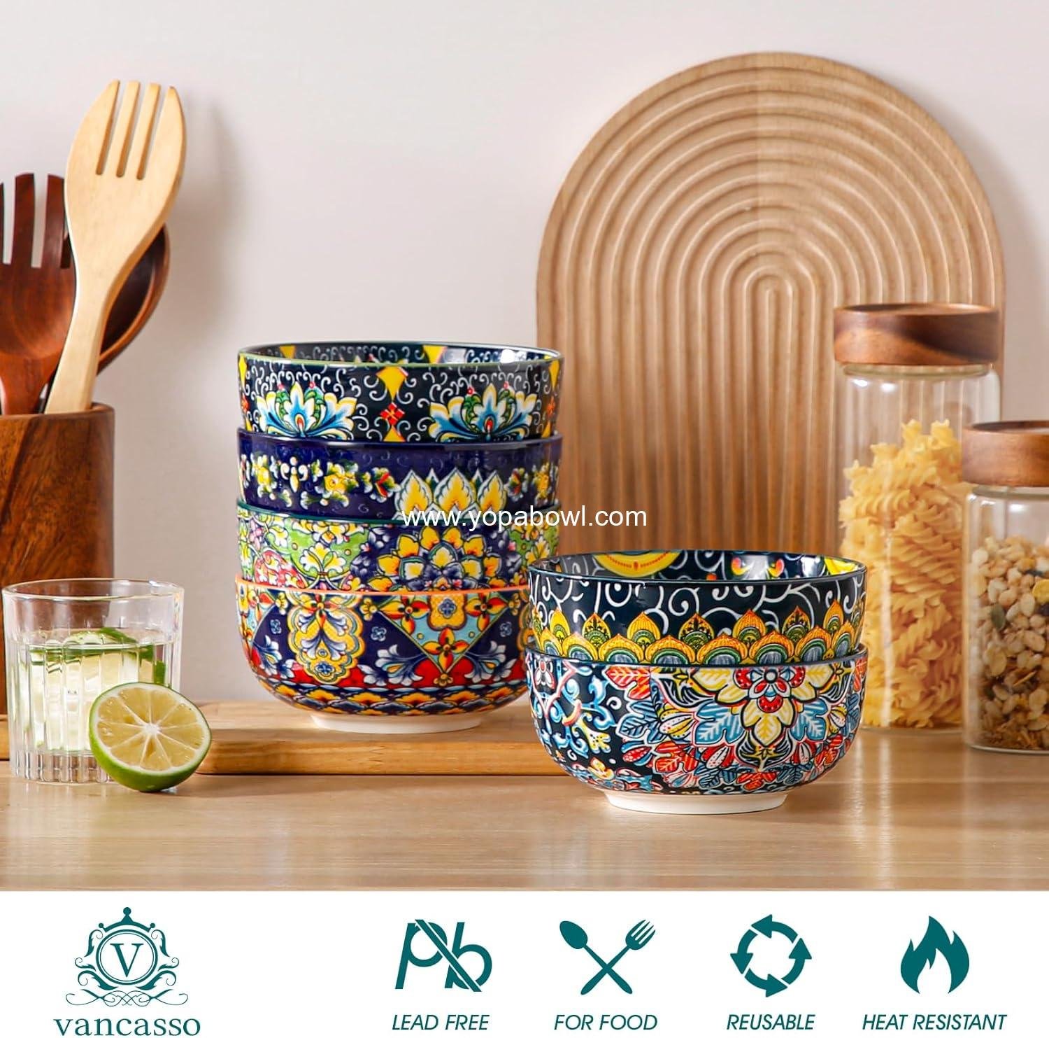 Wholesale 28 oz Bohemian Ceramic Cereal Bowls Set of 6, Colorful Soup Bowls for Kitchen, Dishwasher & Microwave Safe for Salad, Pasta, Rice, Oatmeal, Fruit Factory