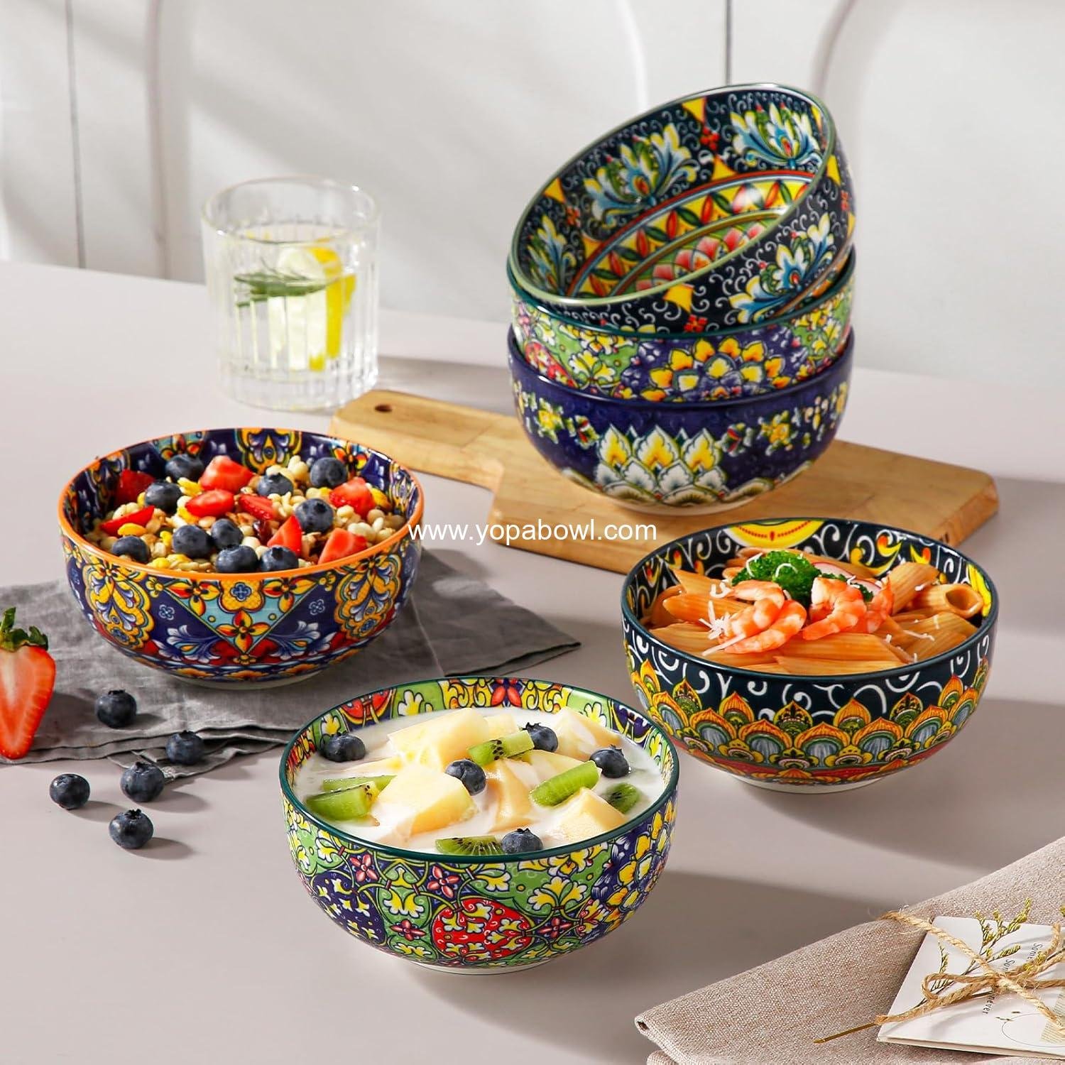 Wholesale 28 oz Bohemian Ceramic Cereal Bowls Set of 6, Colorful Soup Bowls for Kitchen, Dishwasher & Microwave Safe for Salad, Pasta, Rice, Oatmeal, Fruit Factory