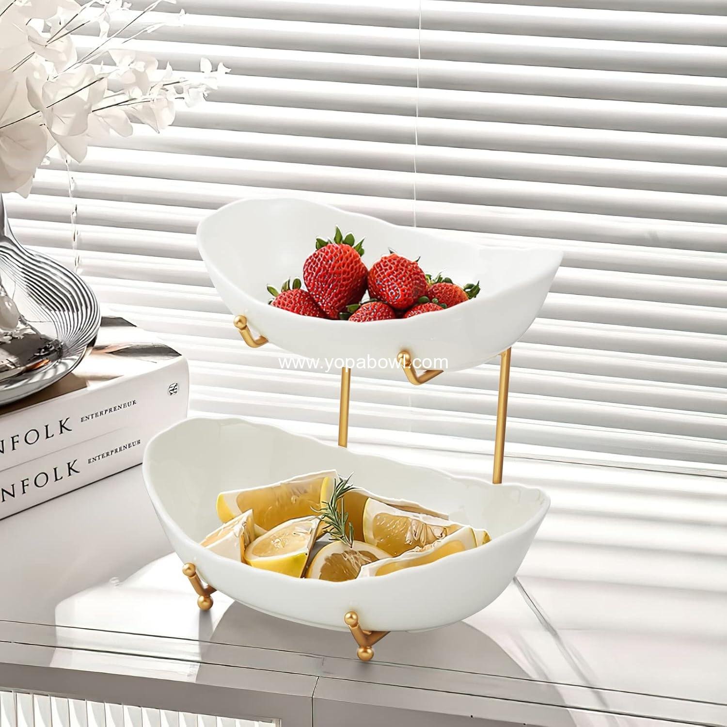 Wholesale 2 Tier Ceramic Fruit Bowl for Kitchen Counter, Modern Tiered Fruit Basket, Multi Layer Display Stand for Parties, Cute & Small (Gold & White) - Factory Wholesale 2 Tier Ceramic Fruit Bowl for Kitchen Counter, Modern Tiered Fruit Basket, Multi Layer Display Stand for Parties, Cute & Small (Gold & White) - Factory