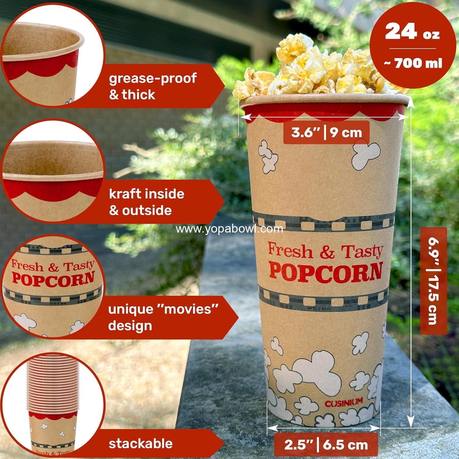 Wholesale 50-Pack Kraft Popcorn Buckets [24 oz] - Large Popcorn Tubs Factory