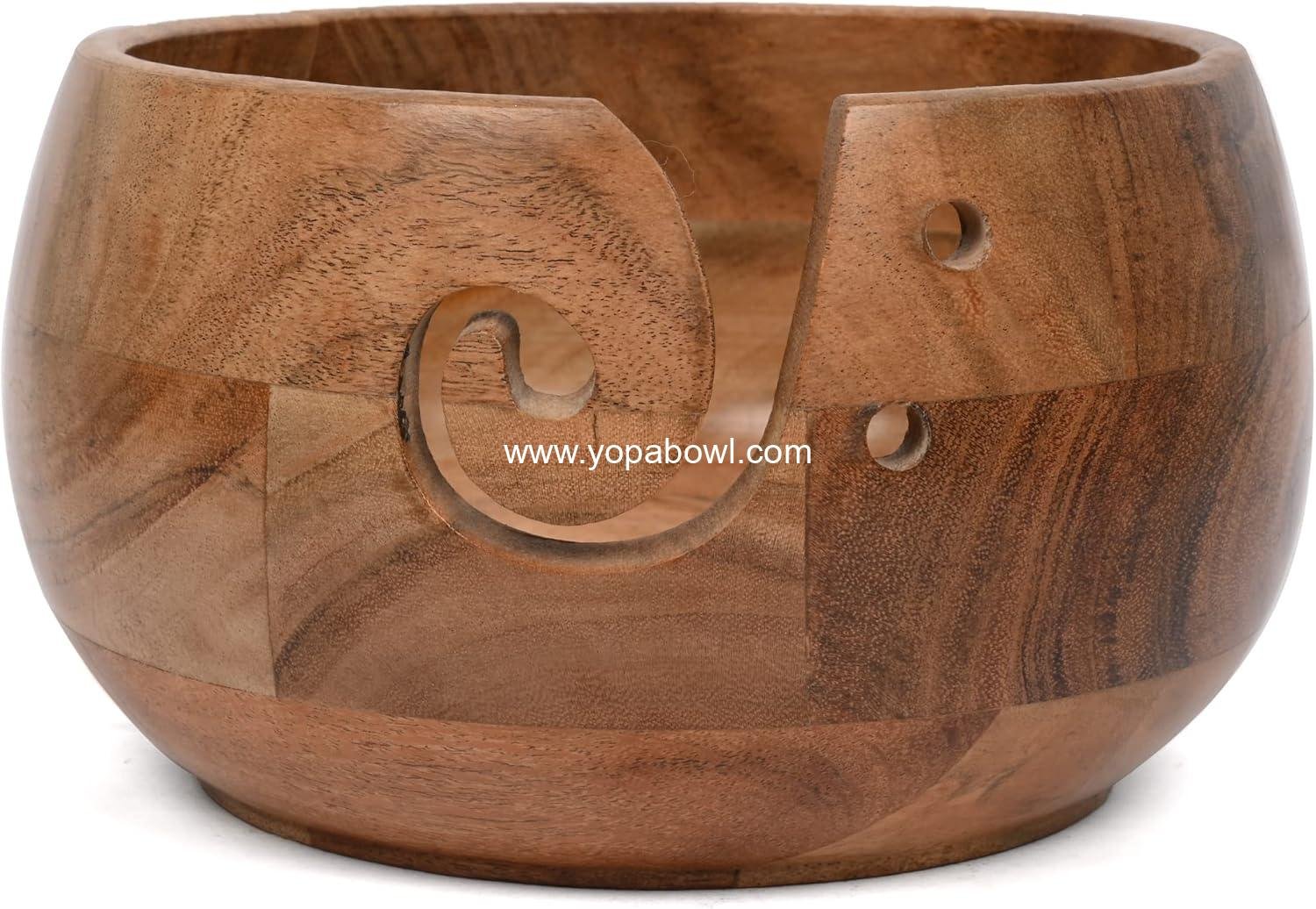 Wholesale Acacia Wood Yarn Bowl Holder Handmade with Holes Yarn Storage Accessory 7