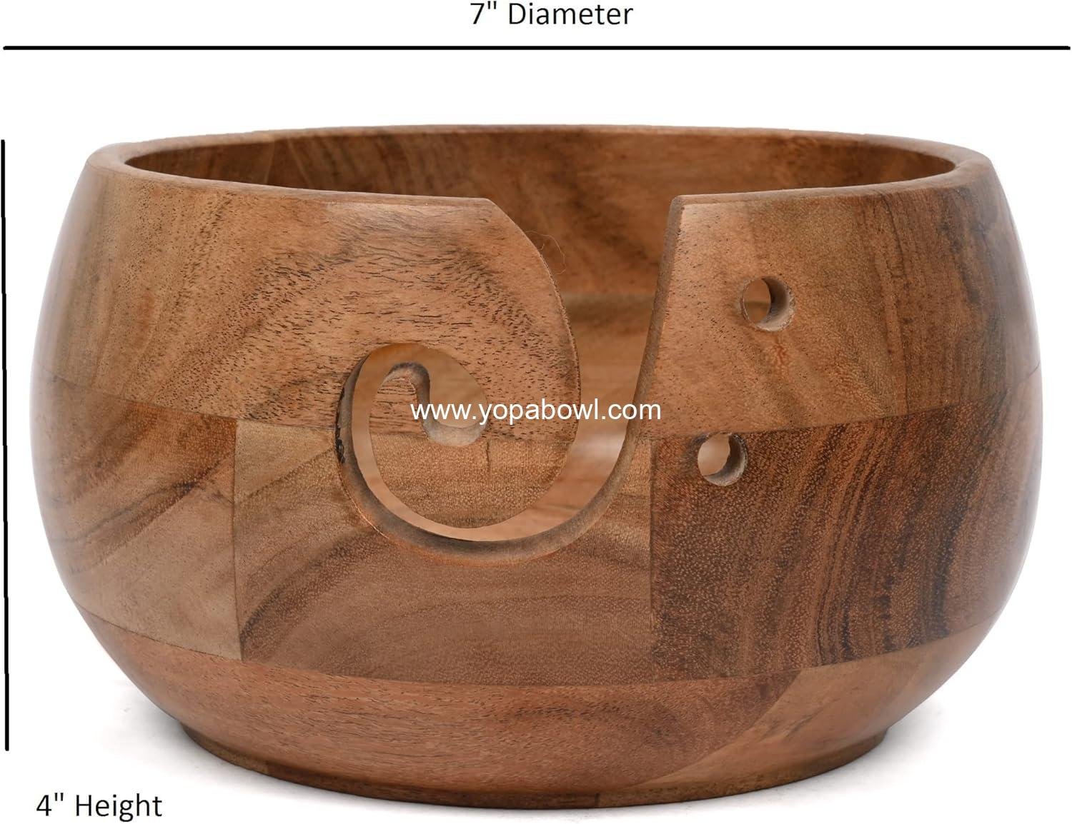Wholesale Acacia Wood Yarn Bowl Holder Handmade with Holes Yarn Storage Accessory 7
