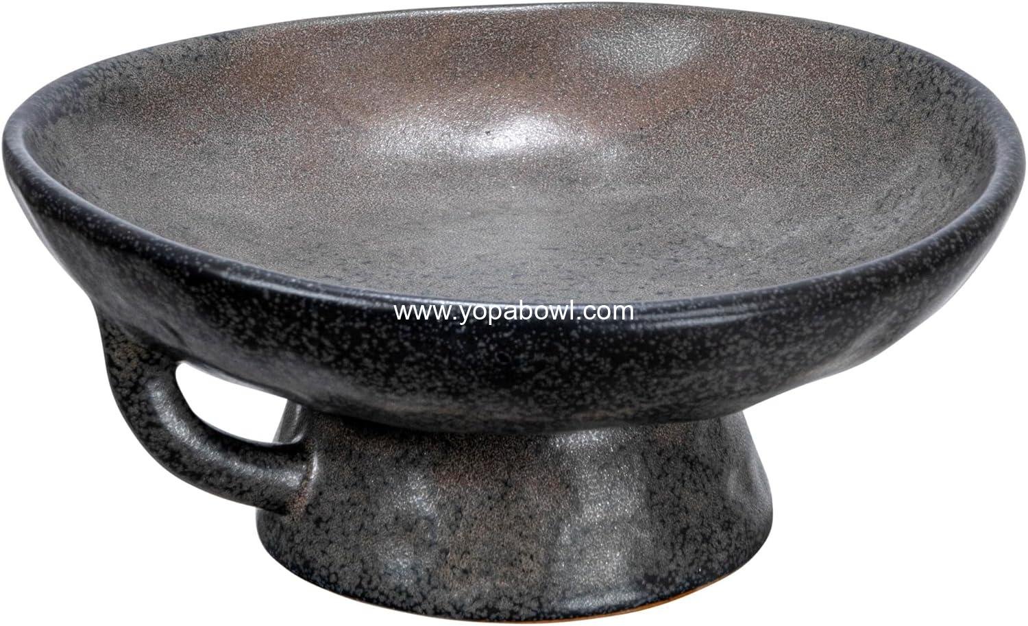 Wholesale Stoneware Bowl with Handle and Base, Black Reactive Glaze - Factory