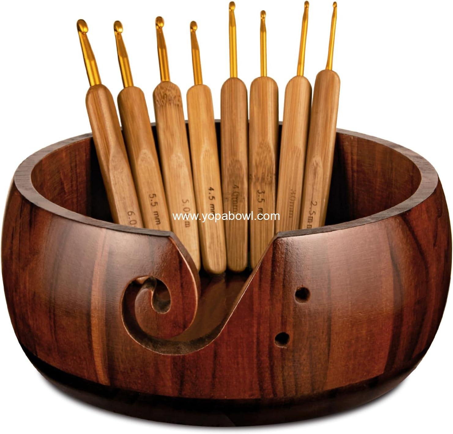 Wooden Yarn Bowl Holder, Craft Knitting Bowl with 8pcs Metal Crochet Hooks, 7.9''Large Yarn Holder Dispenser Yarn Storage Bowls, for Knitters & Crocheters (Brown 7.9 inch)