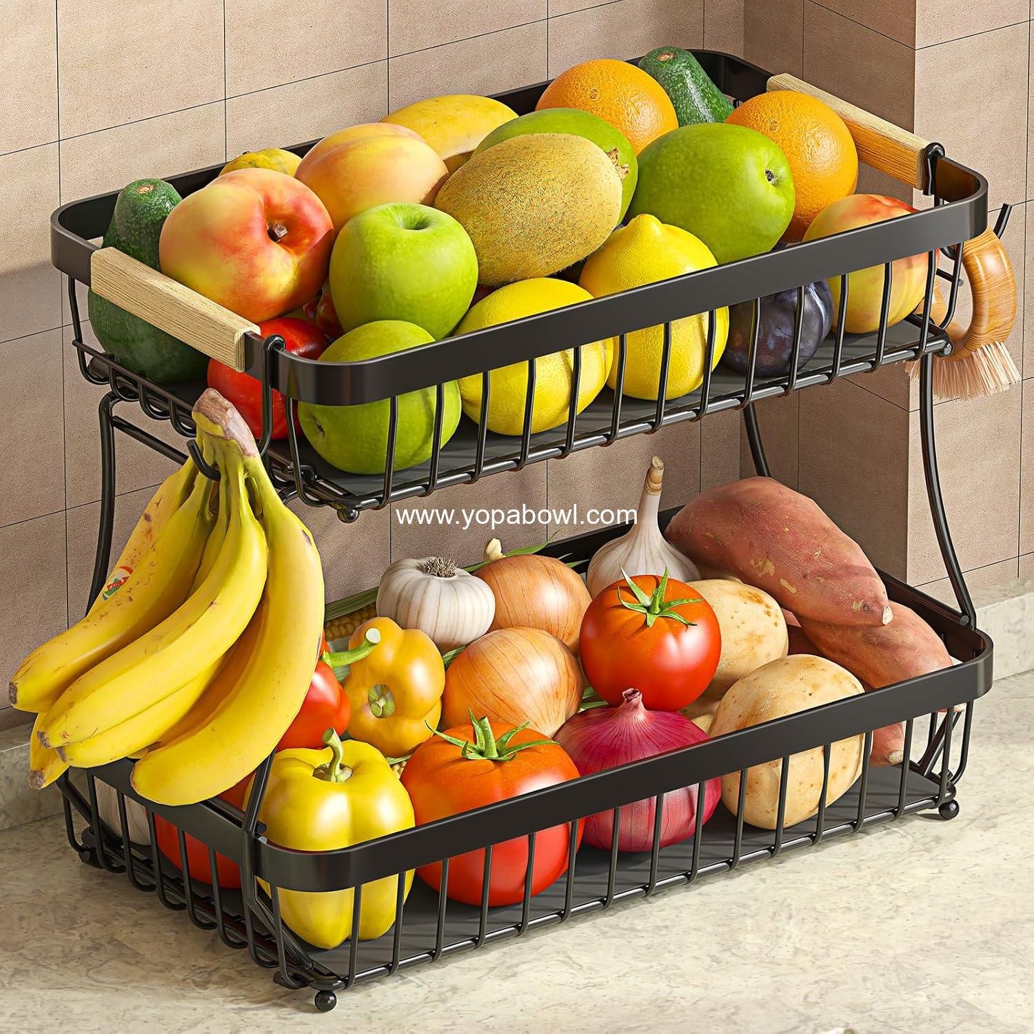 2 Tier Large Fruit Basket for Kitchen Counter with 2 Mobile Banana Hangers, 2025 Pro Detachable Metal Fruit Bowl with Wooden Handle, Fruit Holder for Bread Snack Veggies with Protective Mats