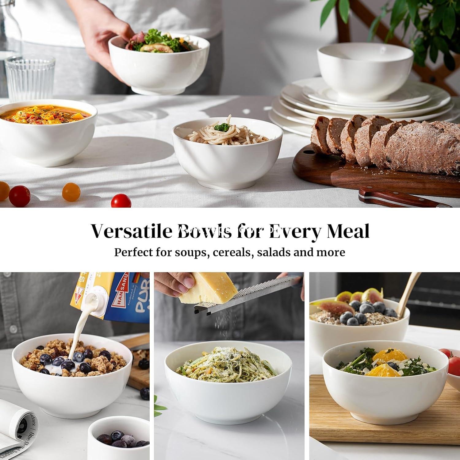 Wholesale 22 OZ White Ceramic Bowls Set of 4 - Ideal for Soup, Cereal, Ramen, Oatmeal, Fruit, Salad, and Rice - Microwave and Dishwasher Safe, Factory
