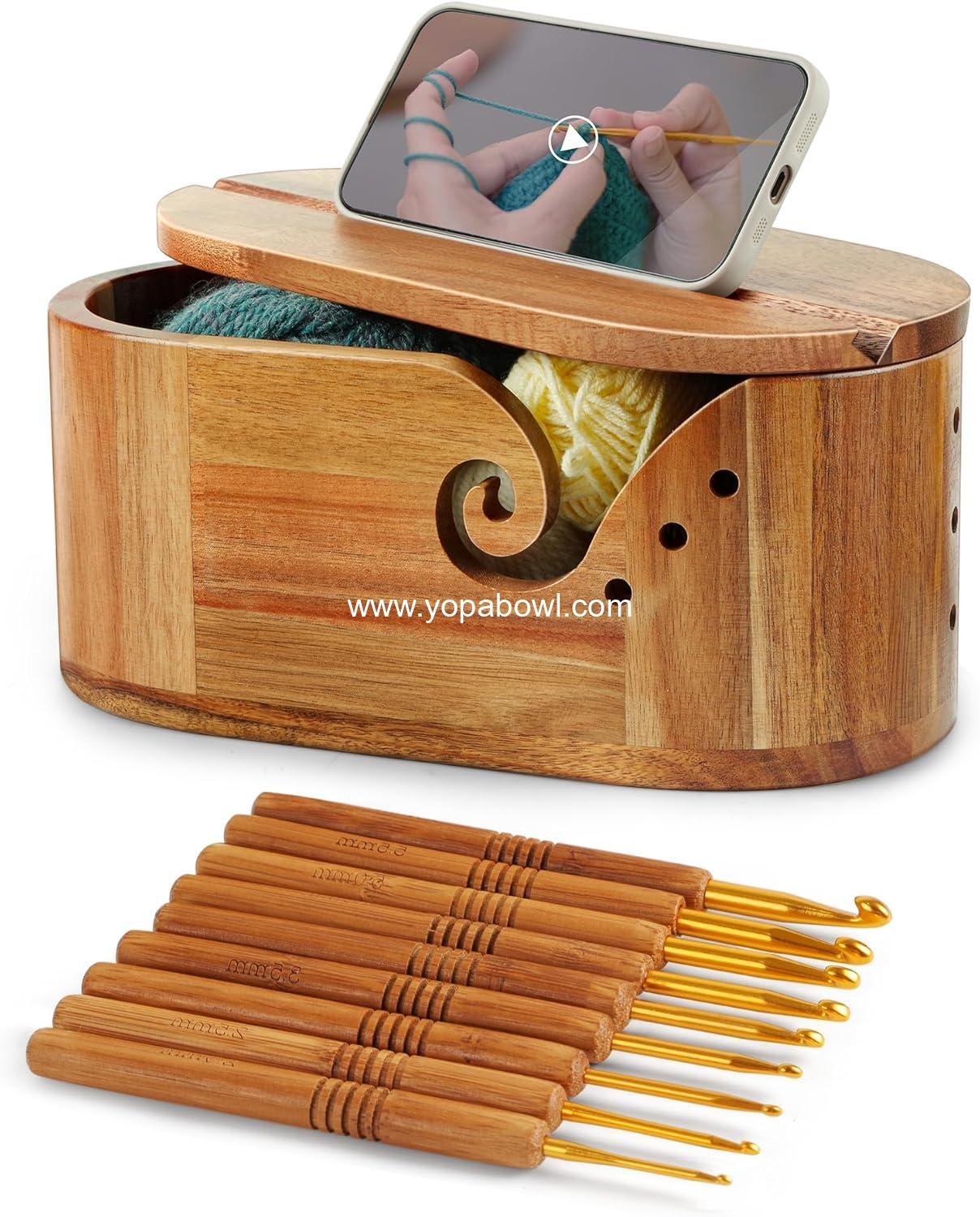 Oval Yarn Bowl, Crochet Yarn Holder with 9pcs Knitting Hooks, Yarn Storage Crochet Bowl Knitting Gift for Crocheters, Large Yarn Bowl Acacia Wooden 11.3x5.9x4.7inch (Acacia Yarn Bowl with Lid)