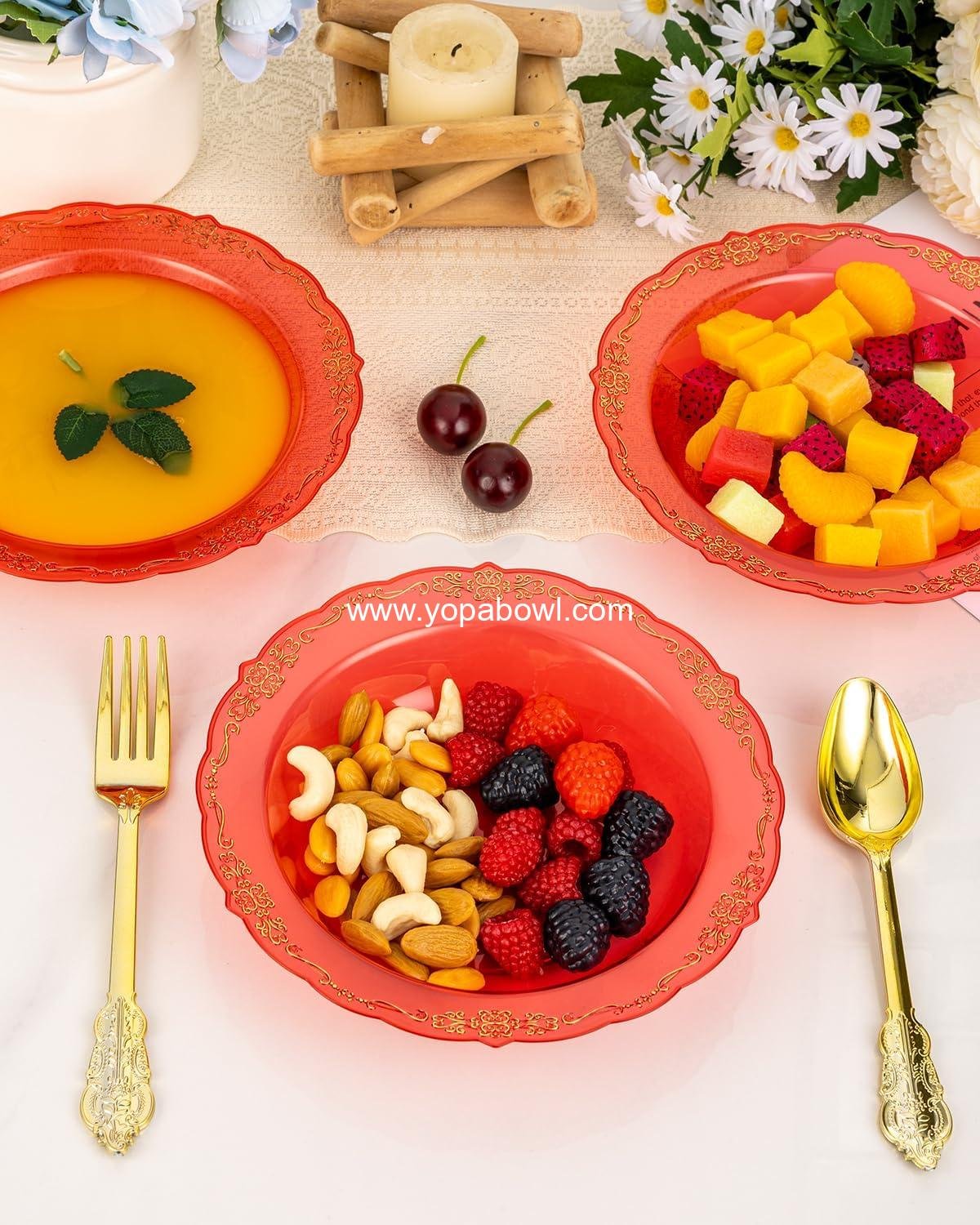 Wholesale 100 Pack Clear Red Plastic Bowls with Gold Rim, 12oz Disposable Salad Bowls for Parties, Dinners, Weddings, Christmas, and Thanksgiving - Factory Wholesale 100 Pack Clear Red Plastic Bowls with Gold Rim, 12oz Disposable Salad Bowls for Parties, Dinners, Weddings, Christmas, and Thanksgiving - Factory