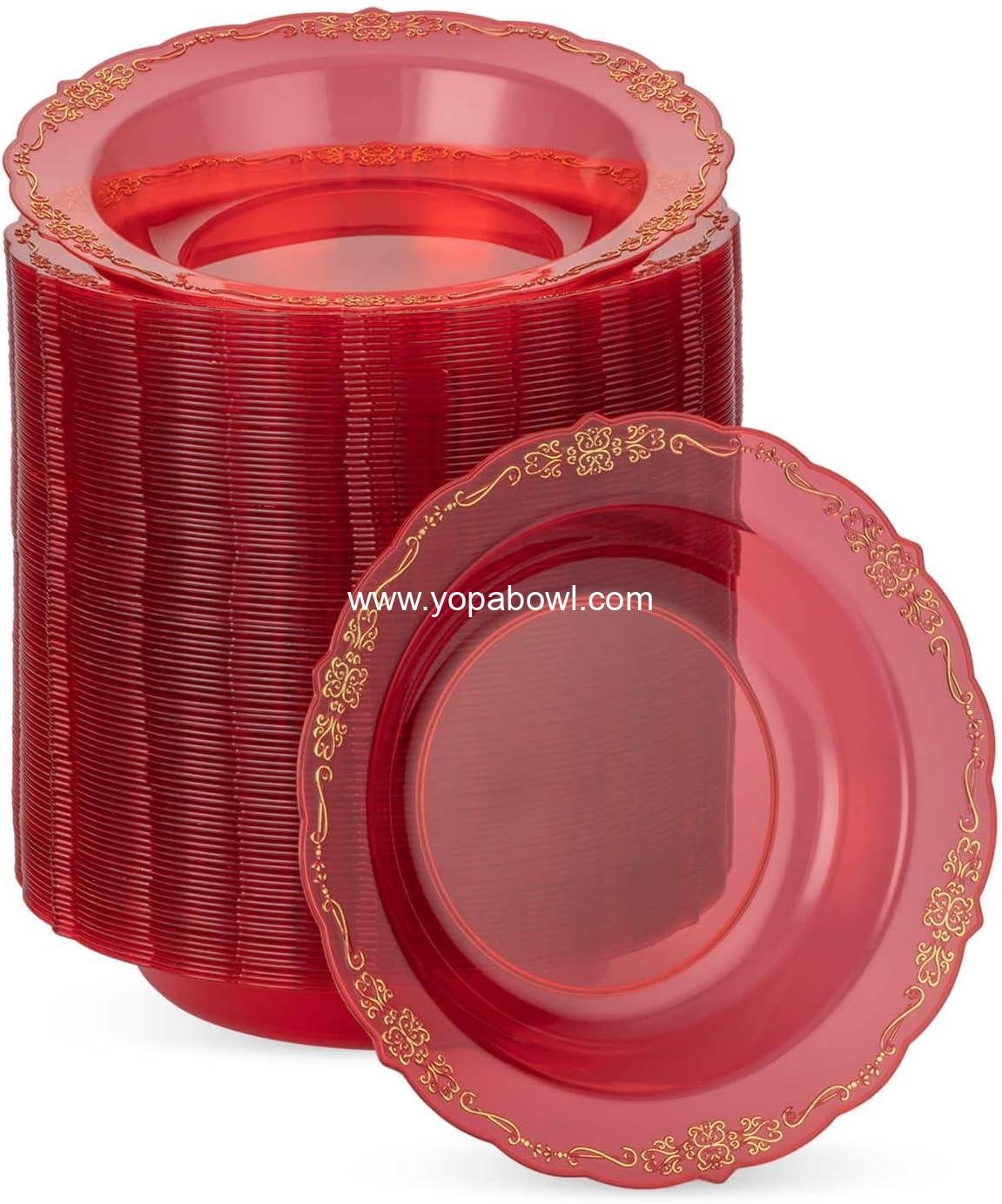 100 Pack Clear Red Plastic Bowls with Gold Rim, 12oz Plastic Salad Bowl, Disposable Bowls for Party, Dinners, Weddings, Christmas, Thanksgiving