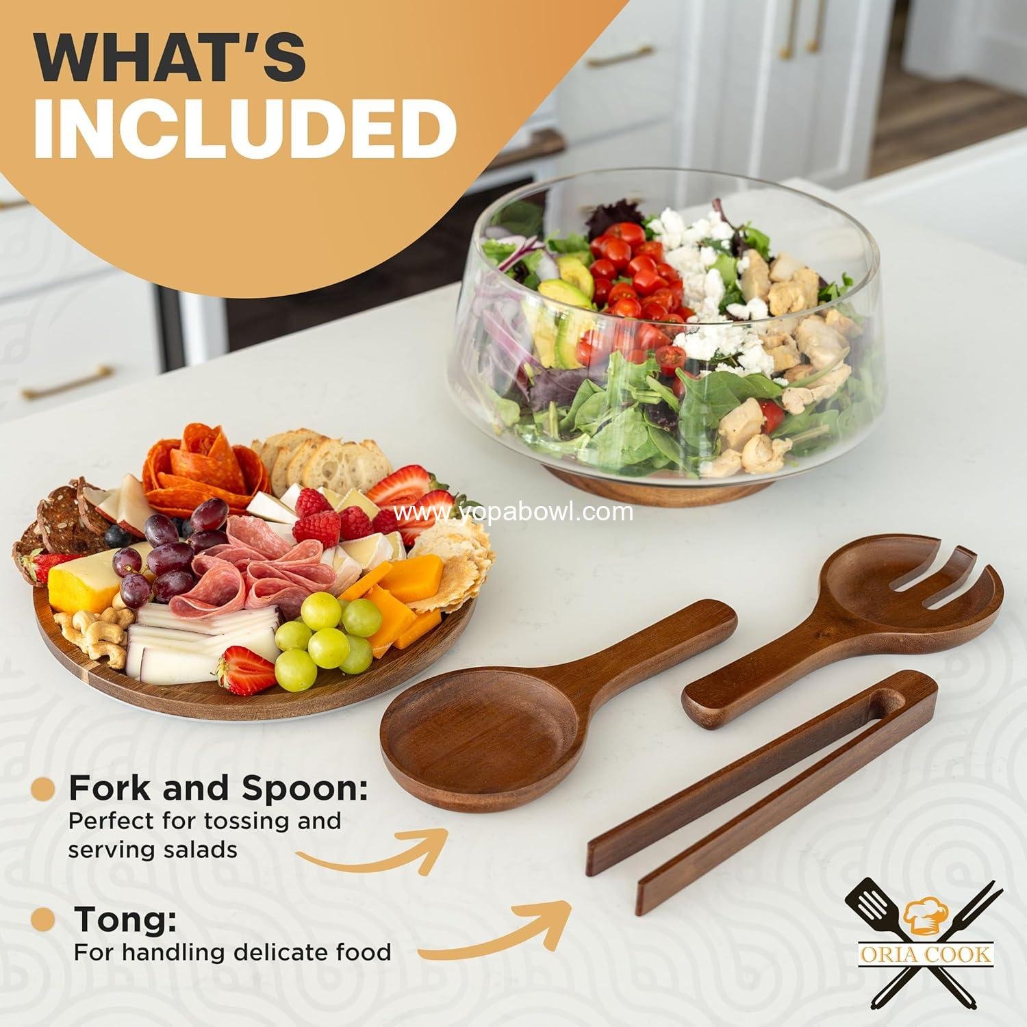 Wholesale Large Glass Salad Bowl Set with Lid, 5.7L Decorative Mixing and Trifle Bowl, Serving Bowl for Cheese Charcuterie, Includes Wooden Utensils - Factory