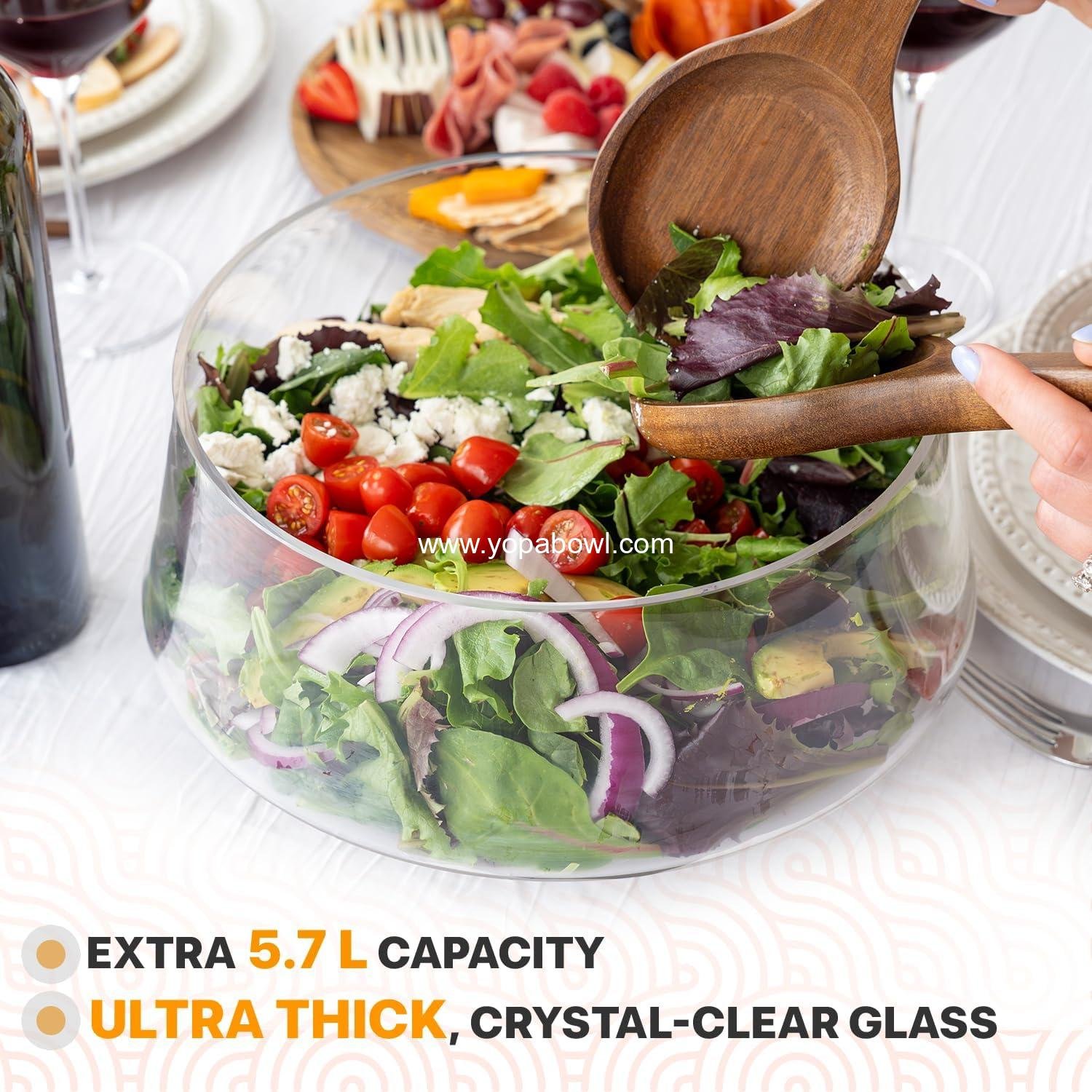 Wholesale Large Glass Salad Bowl Set with Lid, 5.7L Decorative Mixing and Trifle Bowl, Serving Bowl for Cheese Charcuterie, Includes Wooden Utensils - Factory