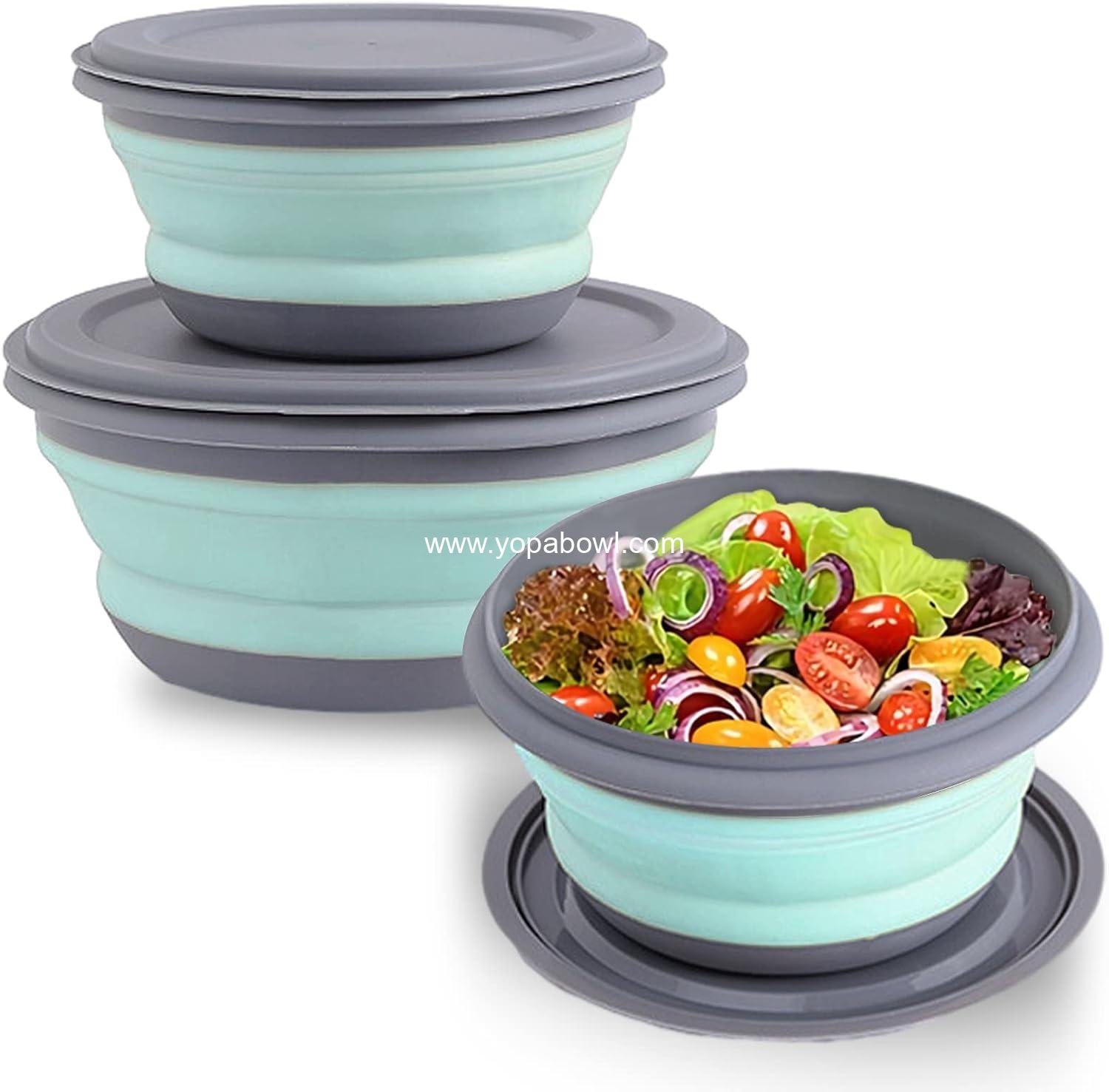 Collapsible Bowls, 3pcs Food Grade Silicone Camping Bowl Salad Bowl with lids, Portable Expandable Lunch Box Food Storage Container for Camping Travel and Picnic,Blue