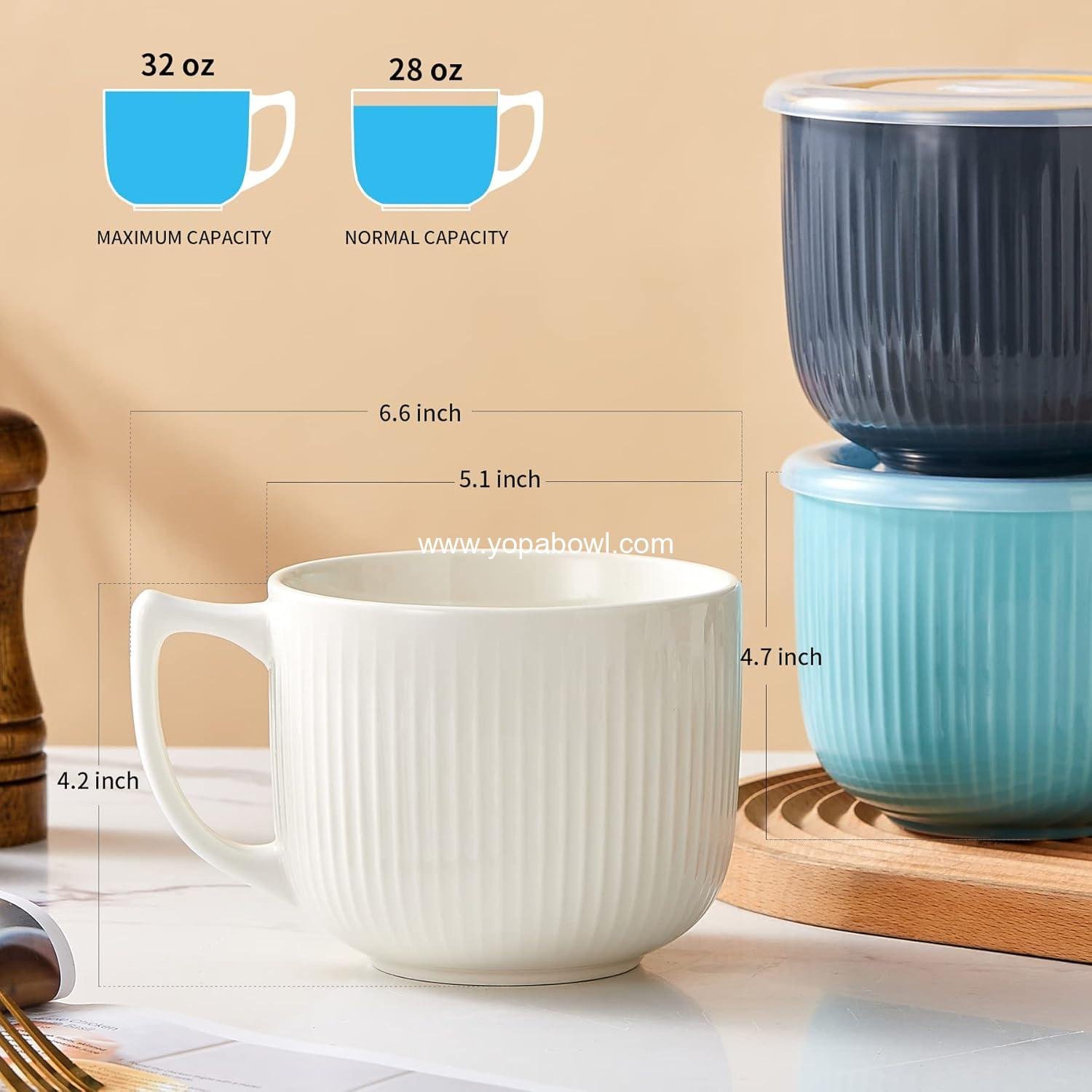 OEM Ceramic Soup Bowl with Handle 32oz – Microwave Ramen Bowl with Lid for Soup, Cereal, Oatmeal, Instant Noodles, and Ramen – Green Factory