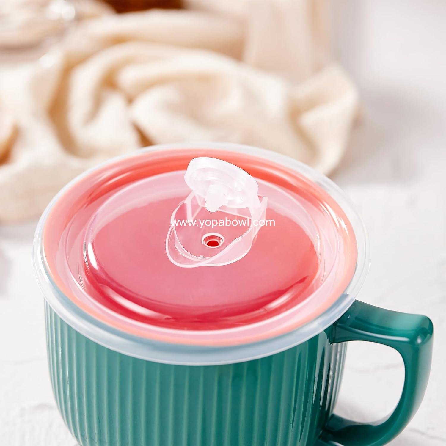 OEM Ceramic Soup Bowl with Handle 32oz – Microwave Ramen Bowl with Lid for Soup, Cereal, Oatmeal, Instant Noodles, and Ramen – Green Factory