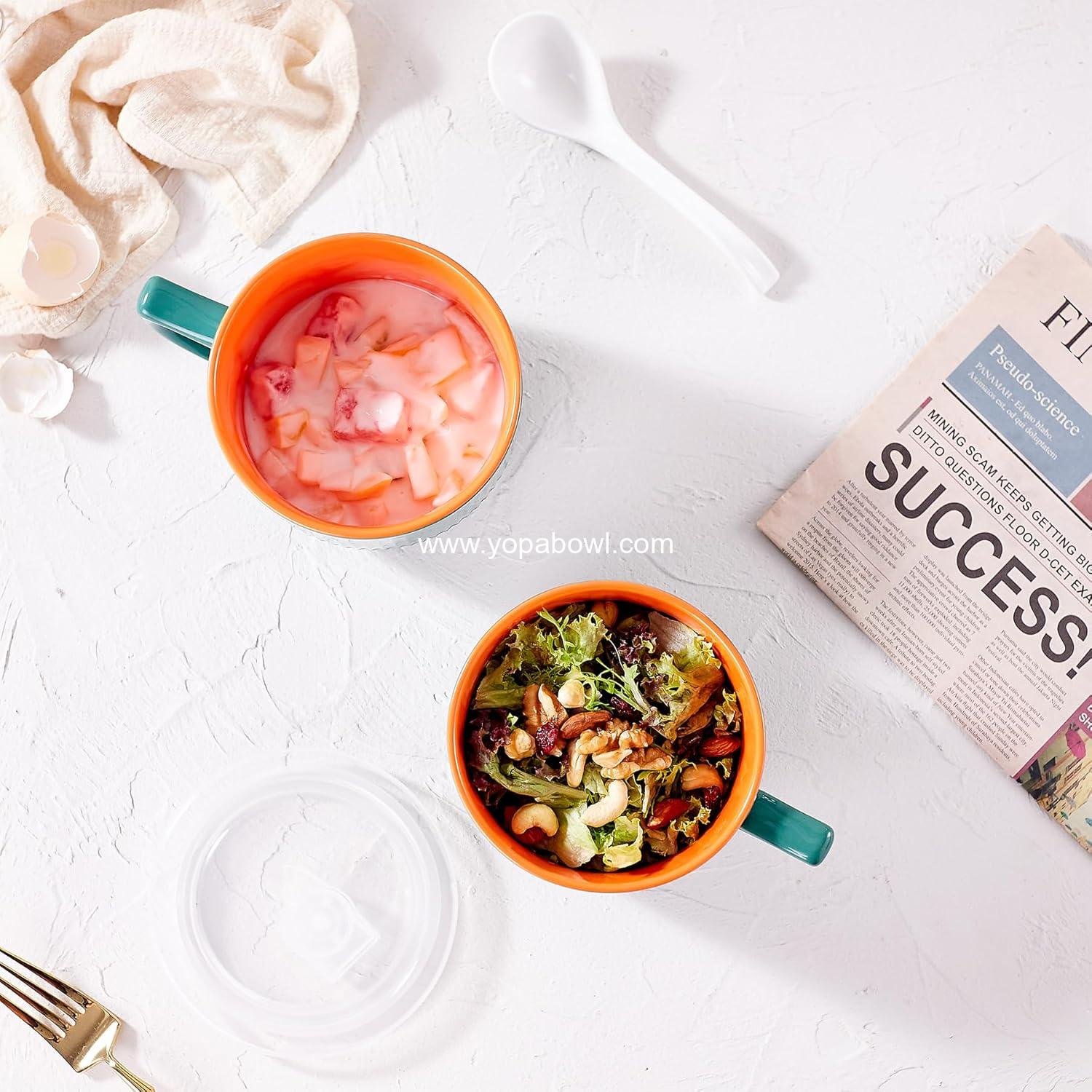 OEM Ceramic Soup Bowl with Handle 32oz – Microwave Ramen Bowl with Lid for Soup, Cereal, Oatmeal, Instant Noodles, and Ramen – Green Factory