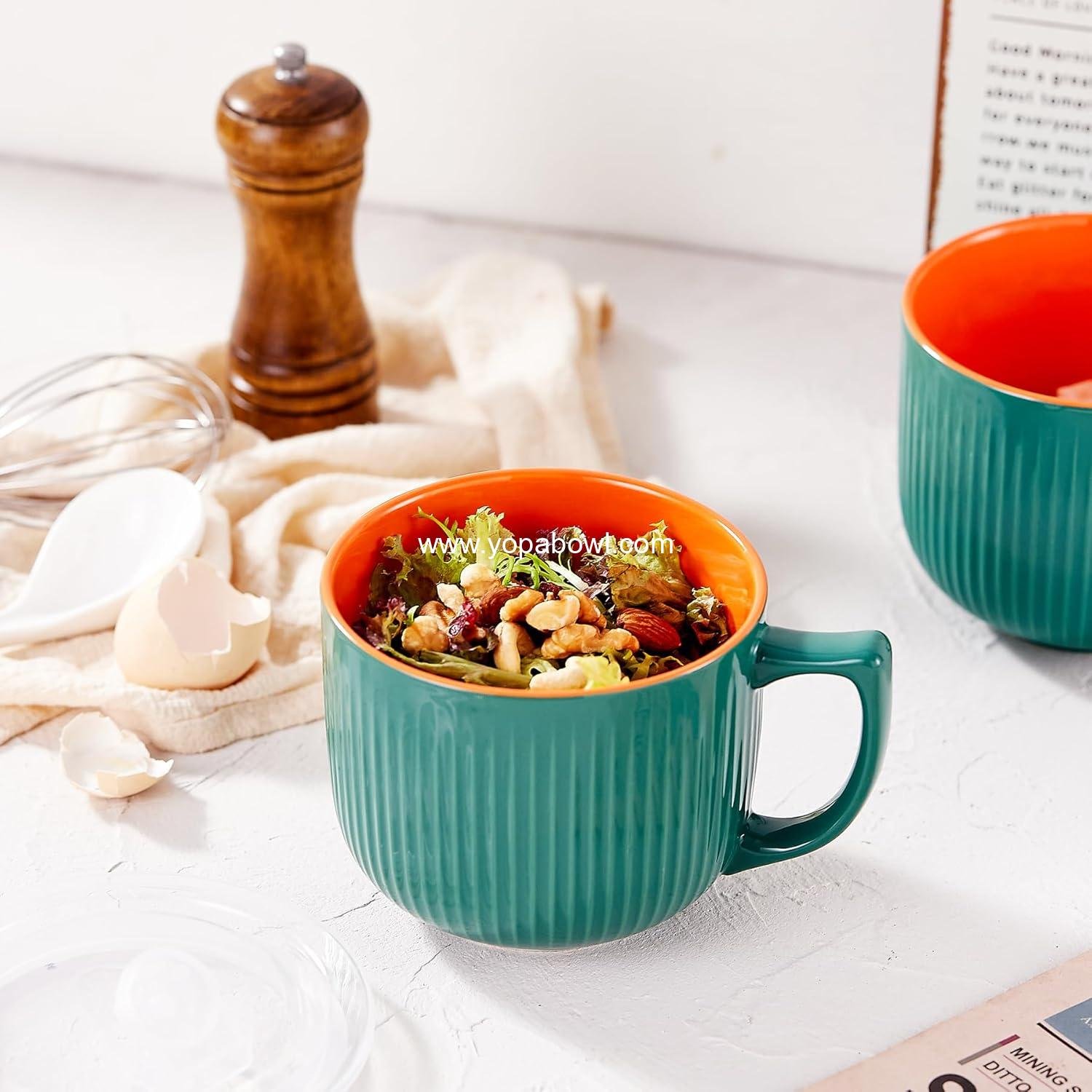 OEM Ceramic Soup Bowl with Handle 32oz – Microwave Ramen Bowl with Lid for Soup, Cereal, Oatmeal, Instant Noodles, and Ramen – Green Factory