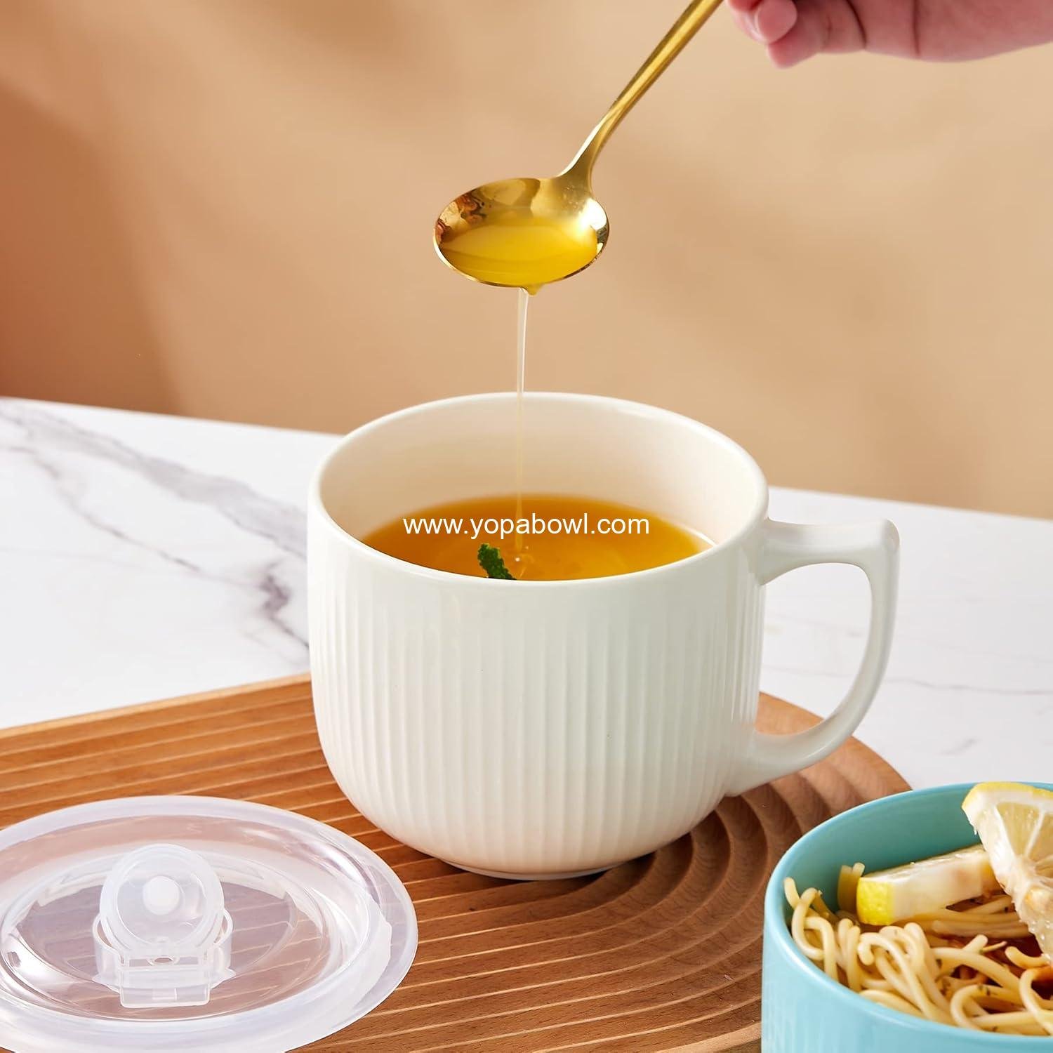 OEM Ceramic Soup Bowl with Handle 32oz – Microwave Ramen Bowl with Lid for Soup, Cereal, Oatmeal, Instant Noodles, and Ramen – Green Factory