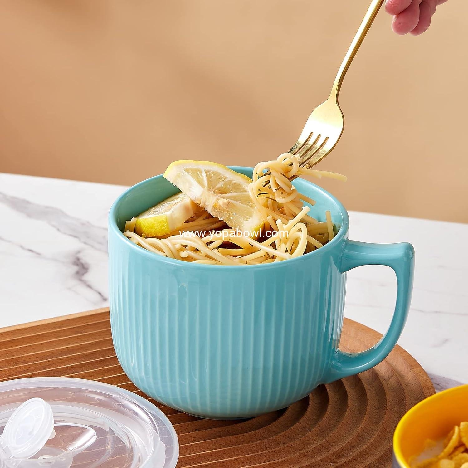 OEM Ceramic Soup Bowl with Handle 32oz – Microwave Ramen Bowl with Lid for Soup, Cereal, Oatmeal, Instant Noodles, and Ramen – Green Factory