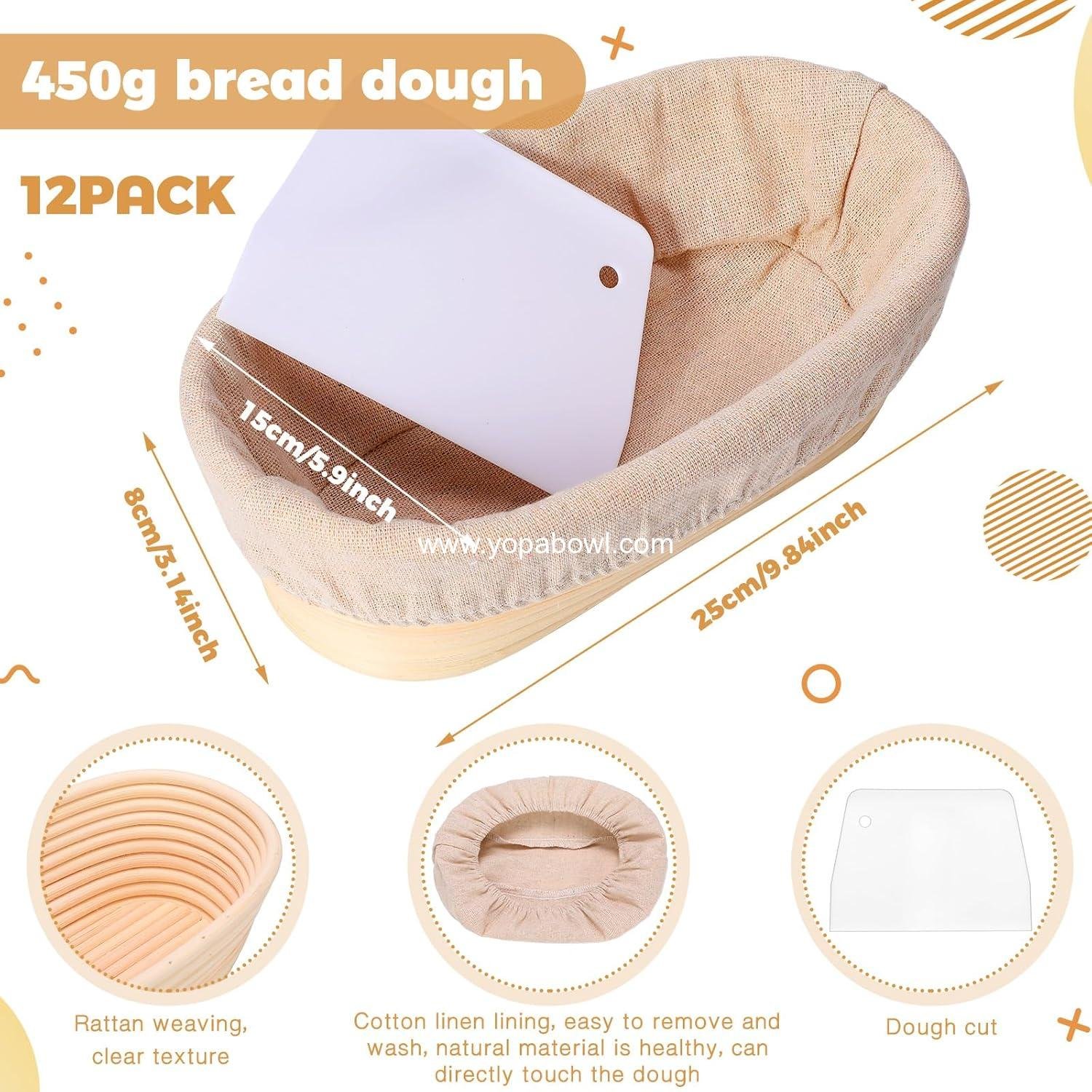 Wholesale 12 Set Oval Shaped Bread Proofing Baskets Kit with Cloth Liner and Plastic Scraper Sourdough Proofing Bowls (10 Inch) Factory Wholesale 12 Set Oval Shaped Bread Proofing Baskets Kit with Cloth Liner and Plastic Scraper Sourdough Proofing Bowls (10 Inch) Factory