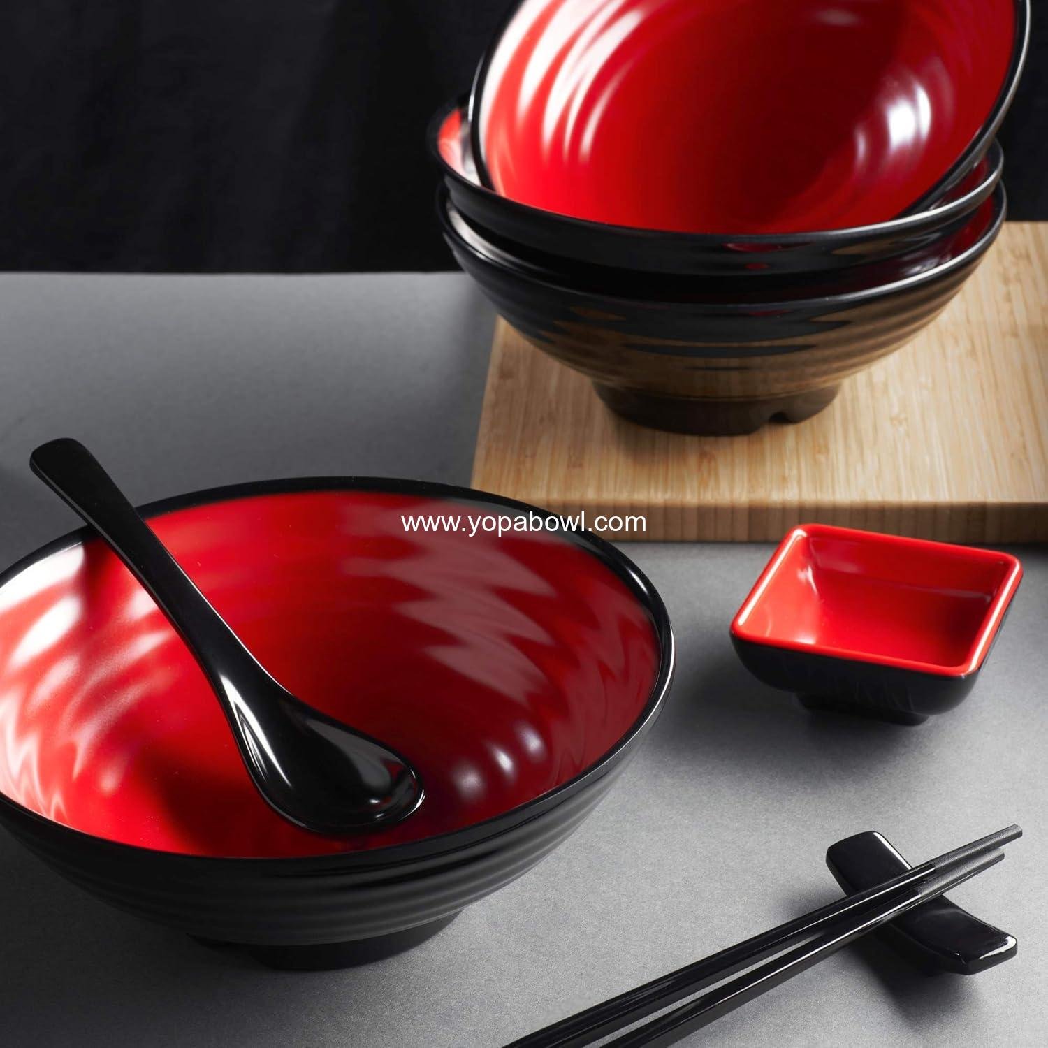 Wholesale Unbreakable Ramen Bowl Set with Chopsticks and Spoon - 2 Large Japanese Style Melamine Bowls, Dipping Bowls and Chopstick Stands for Asian Soups (Red-Black) - Factory