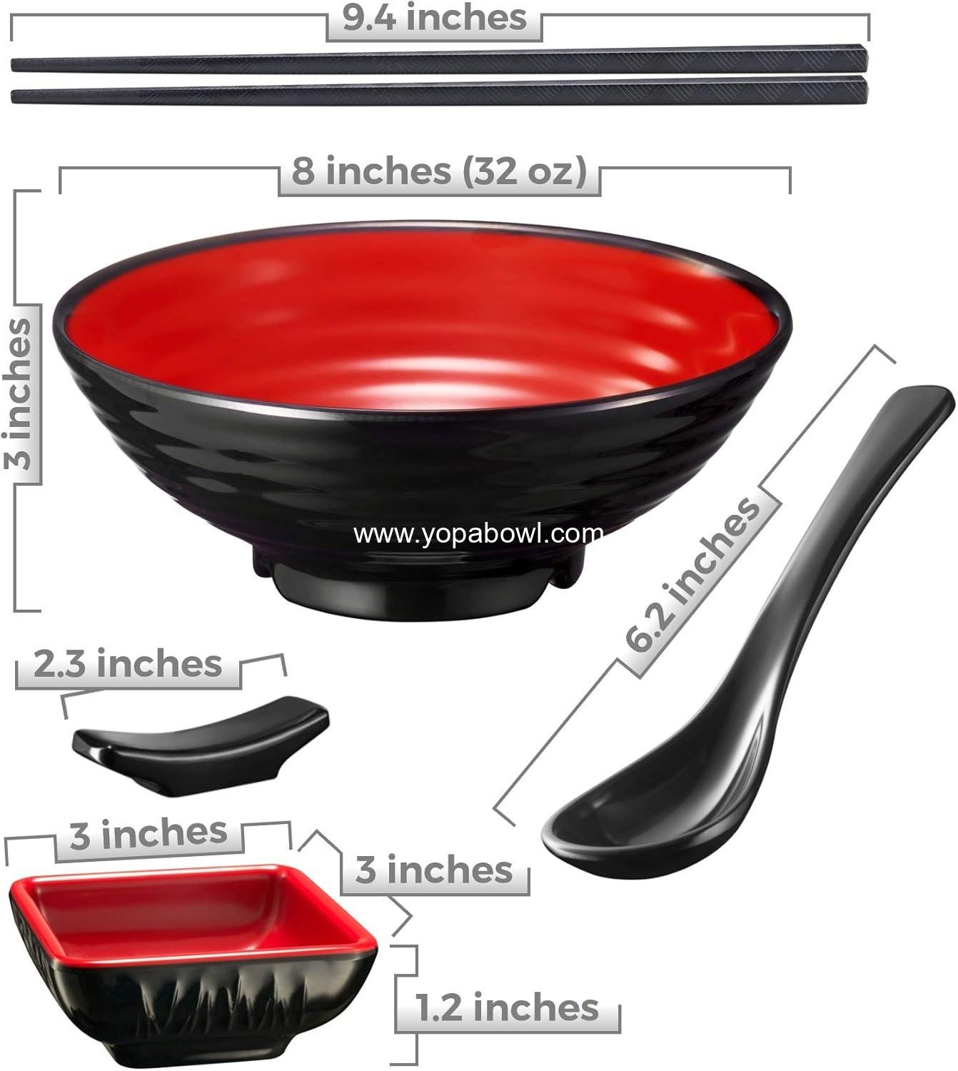 Wholesale Unbreakable Ramen Bowl Set with Chopsticks and Spoon - 2 Large Japanese Style Melamine Bowls, Dipping Bowls and Chopstick Stands for Asian Soups (Red-Black) - Factory