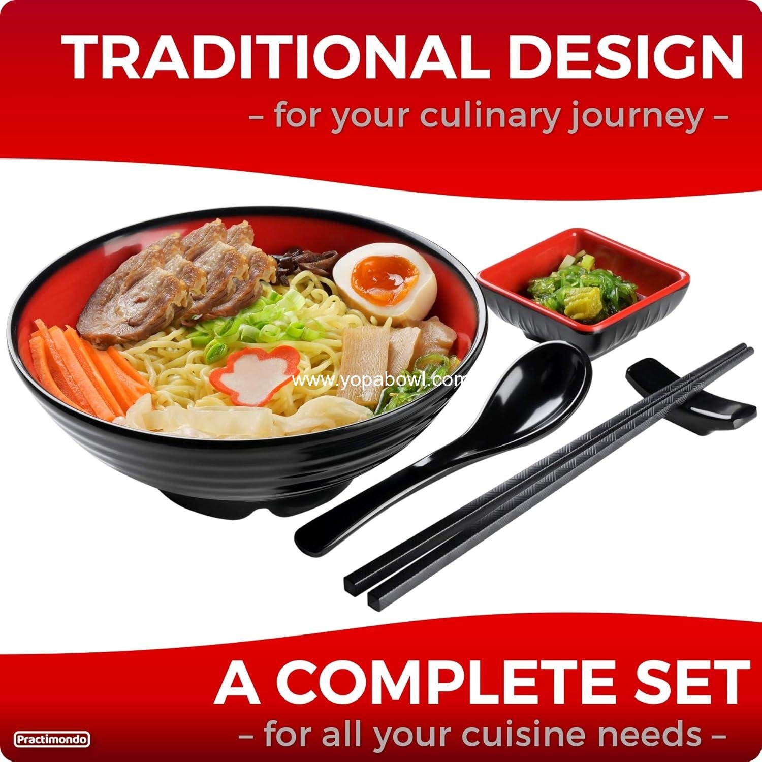 Wholesale Unbreakable Ramen Bowl Set with Chopsticks and Spoon - 2 Large Japanese Style Melamine Bowls, Dipping Bowls and Chopstick Stands for Asian Soups (Red-Black) - Factory
