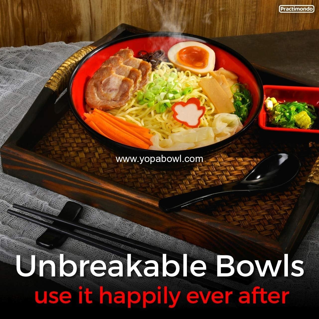 Wholesale Unbreakable Ramen Bowl Set with Chopsticks and Spoon - 2 Large Japanese Style Melamine Bowls, Dipping Bowls and Chopstick Stands for Asian Soups (Red-Black) - Factory