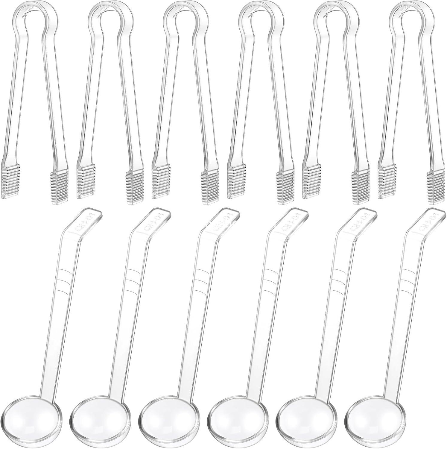 Domensi 12 Pcs Small Ladles Set, Including Plastic Tongs for Serving and 1 oz Small Gravy Ladle Plastic Salad Tongs Acrylic Long Handle Punch Bowl Ladle for Kitchen Buffet Food (Clear)