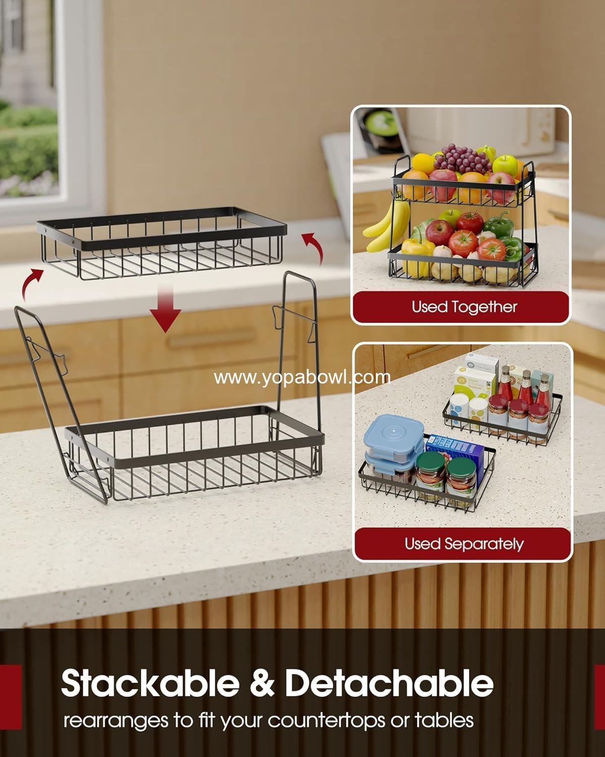Wholesale 2-Tier Fruit Basket for Kitchen Counter - Removable Banana Hanger & Handles, Rustproof Fruit Holder for Kitchen, Living Room, Bathroom, 13.4