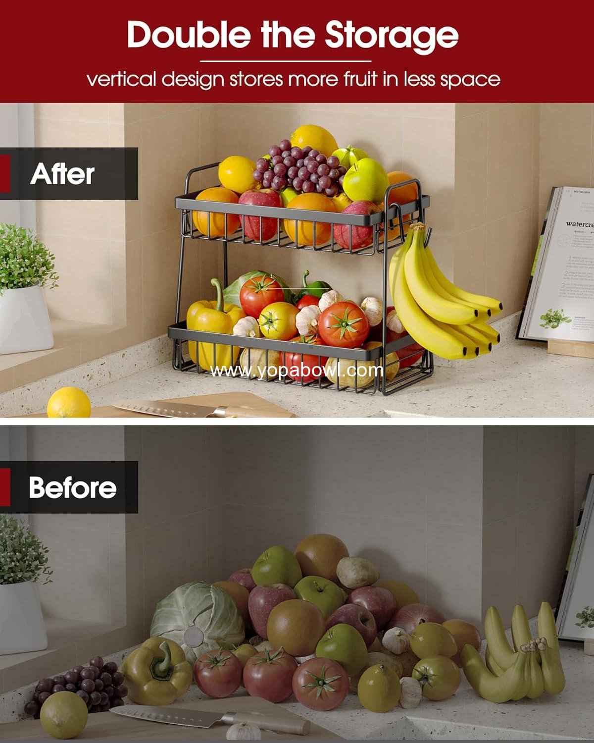 Wholesale 2-Tier Fruit Basket for Kitchen Counter - Removable Banana Hanger & Handles, Rustproof Fruit Holder for Kitchen, Living Room, Bathroom, 13.4