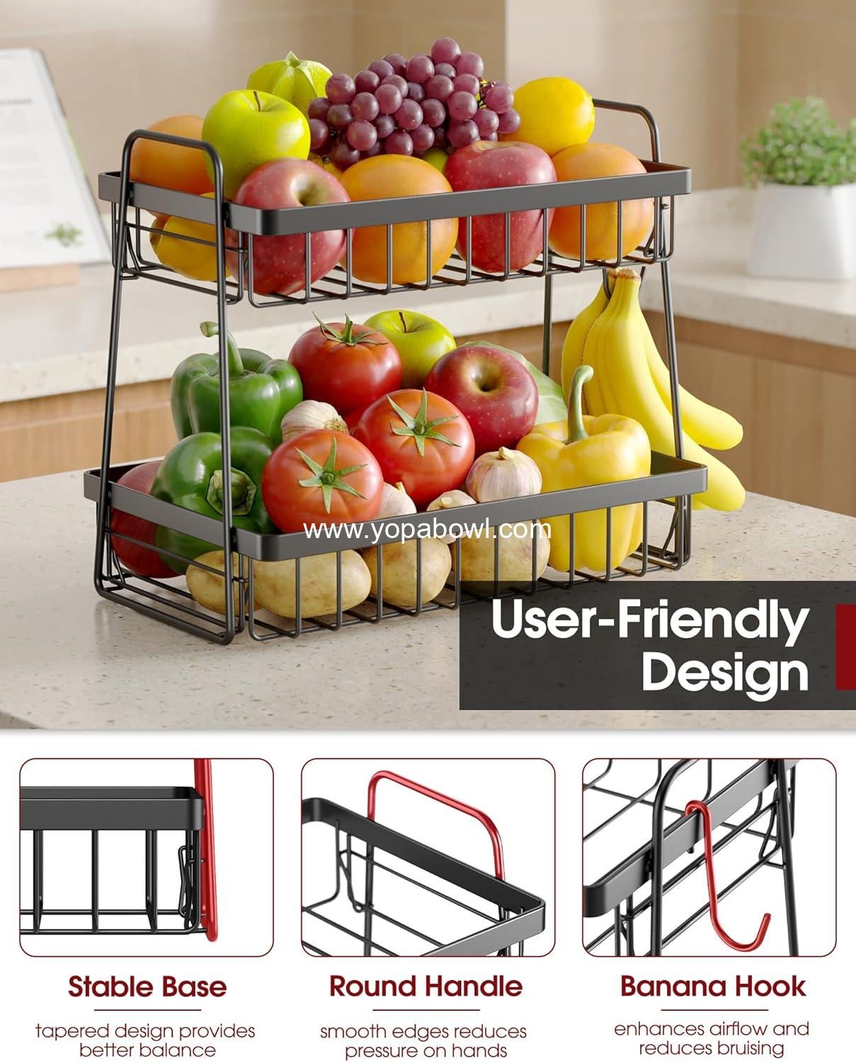 Wholesale 2-Tier Fruit Basket for Kitchen Counter - Removable Banana Hanger & Handles, Rustproof Fruit Holder for Kitchen, Living Room, Bathroom, 13.4