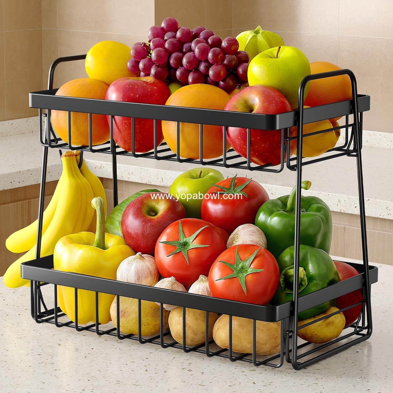 Fruit Basket for Kitchen Counter - 2-Tier Fruit Bowl with Removable Banana Hanger & Handles, Rustproof Fruit Holder for Kitchen, Living Room, Bathroom, 13.4"×8.7"×11.7", Black