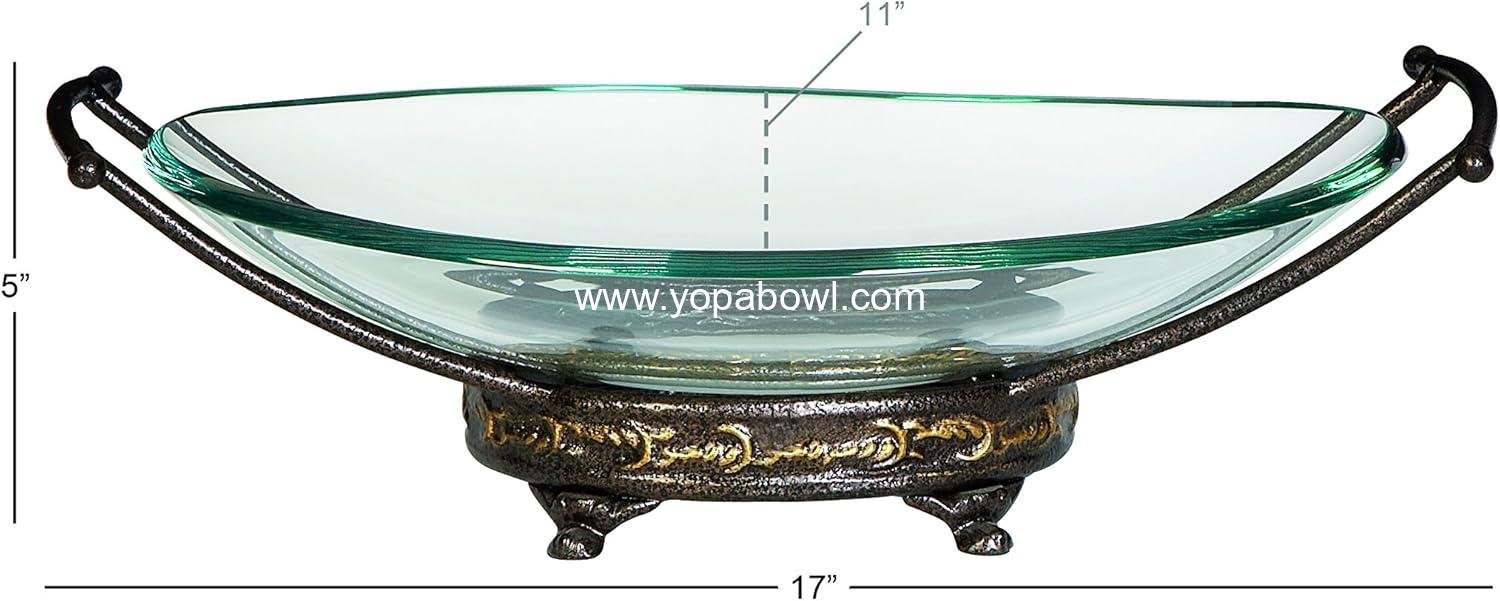 Wholesale Tempered Glass Kitchen Serving Bowl with Brown Metal Base, 17
