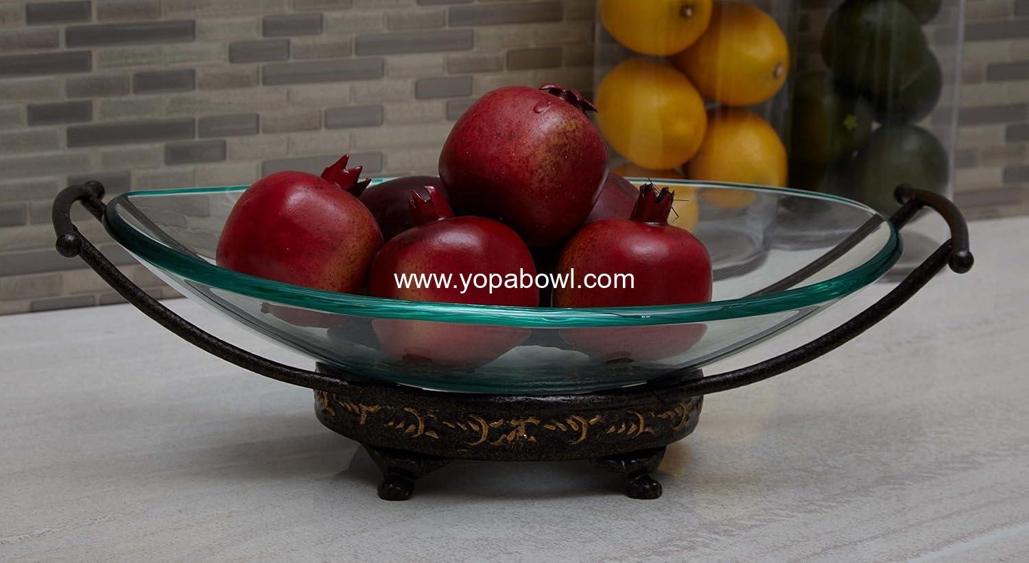Wholesale Tempered Glass Kitchen Serving Bowl with Brown Metal Base, 17