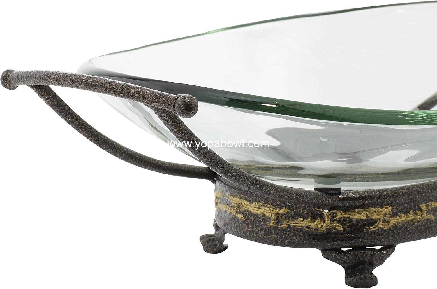 Wholesale Tempered Glass Kitchen Serving Bowl with Brown Metal Base, 17
