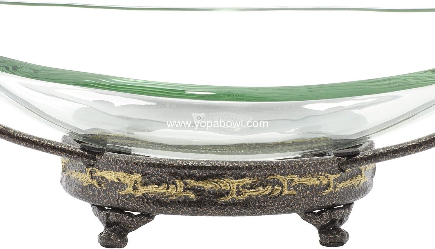Wholesale Tempered Glass Kitchen Serving Bowl with Brown Metal Base, 17