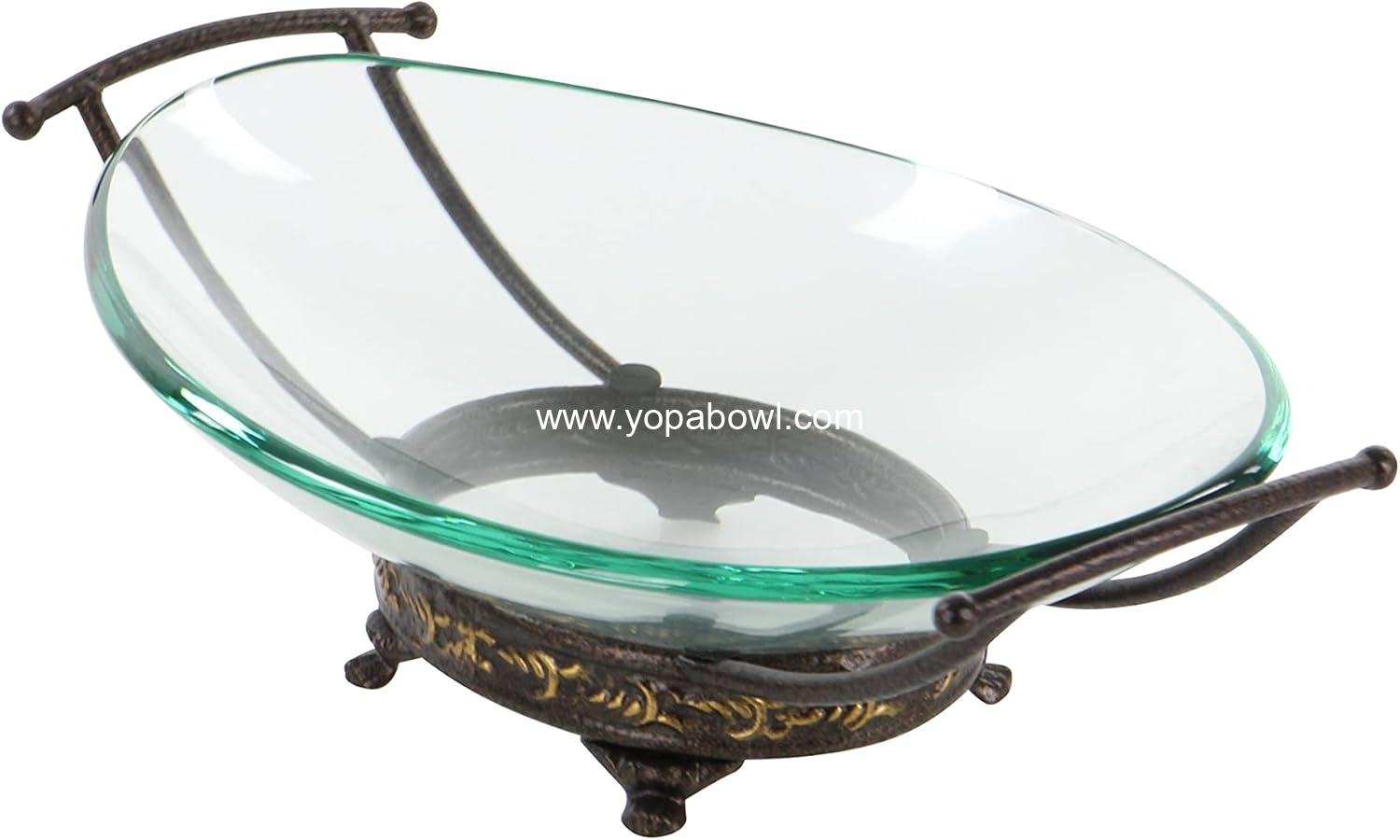 Wholesale Tempered Glass Kitchen Serving Bowl with Brown Metal Base, 17
