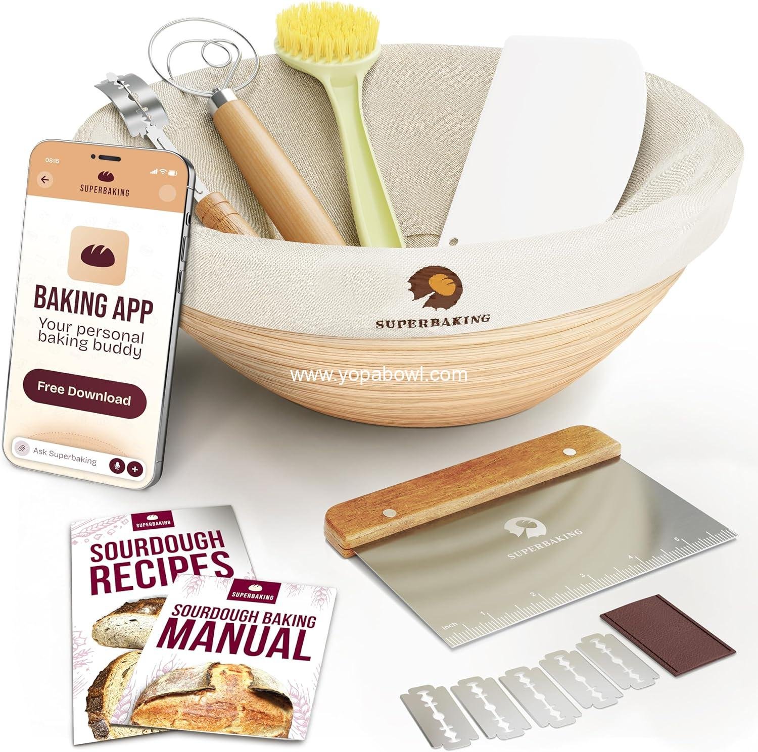 Superbaking Banneton Bread Proofing Basket, Sourdough Bread Baking Supplies, Round 9 Inch Sourdough Starter Kit, Proofing Basket for Baking, Bread Making Supplies Tools, Banneton Basket Gift Set