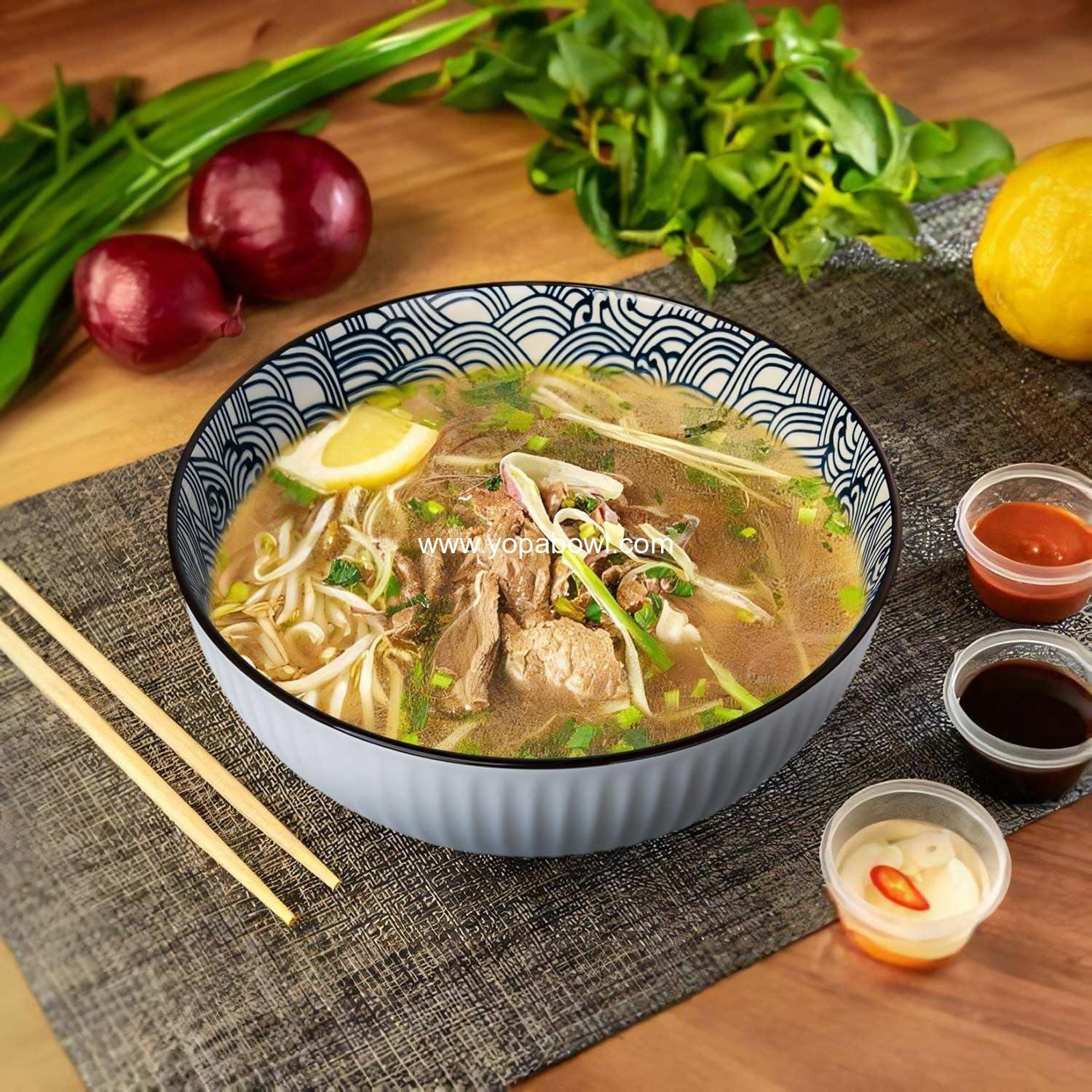 Wholesale 60 oz Large Soup Bowls Set of 3 - 8 Inch Blue and White Porcelain Ramen Bowls with Wave Pattern Factory