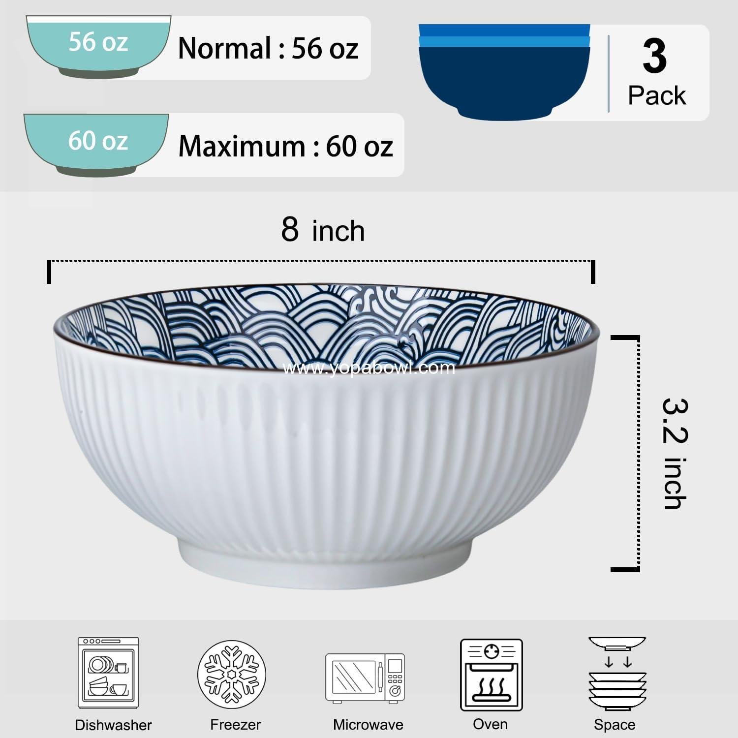 Wholesale 60 oz Large Soup Bowls Set of 3 - 8 Inch Blue and White Porcelain Ramen Bowls with Wave Pattern Factory
