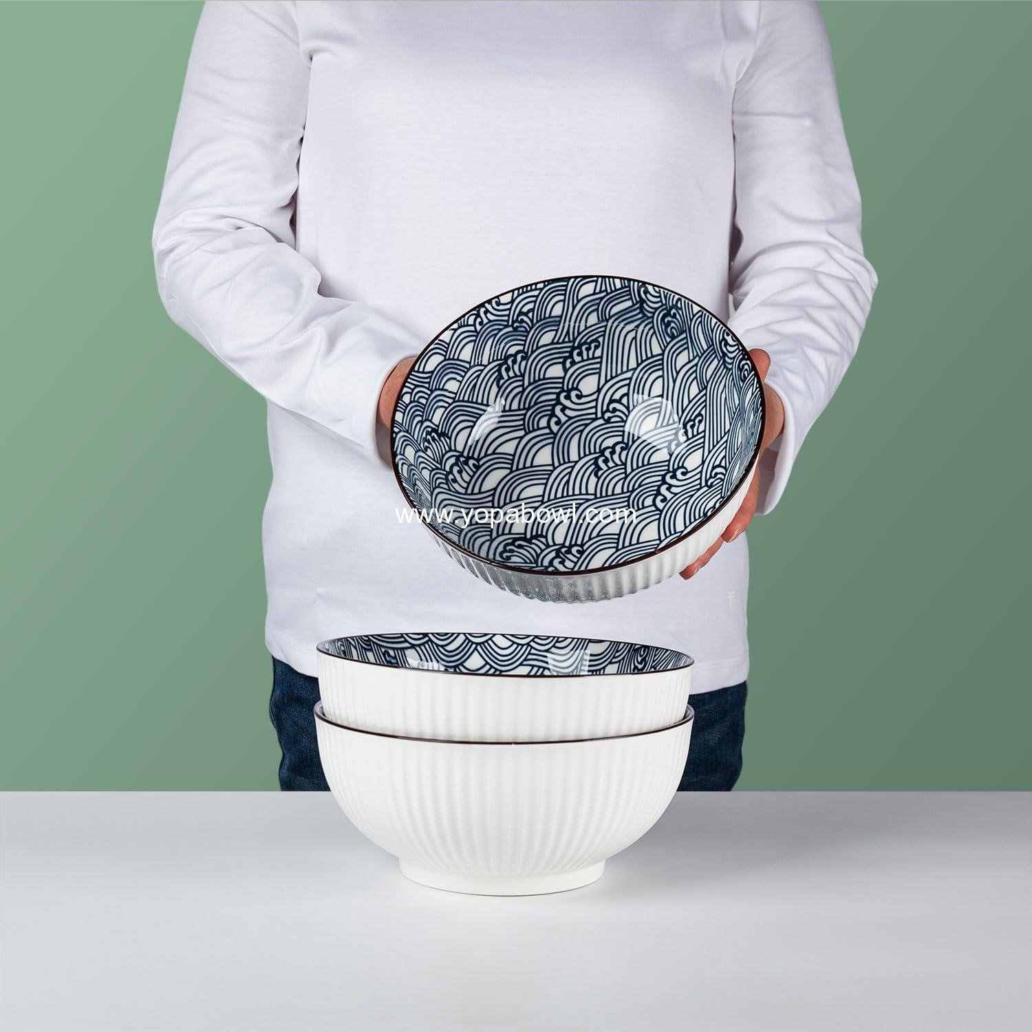 Wholesale 60 oz Large Soup Bowls Set of 3 - 8 Inch Blue and White Porcelain Ramen Bowls with Wave Pattern Factory