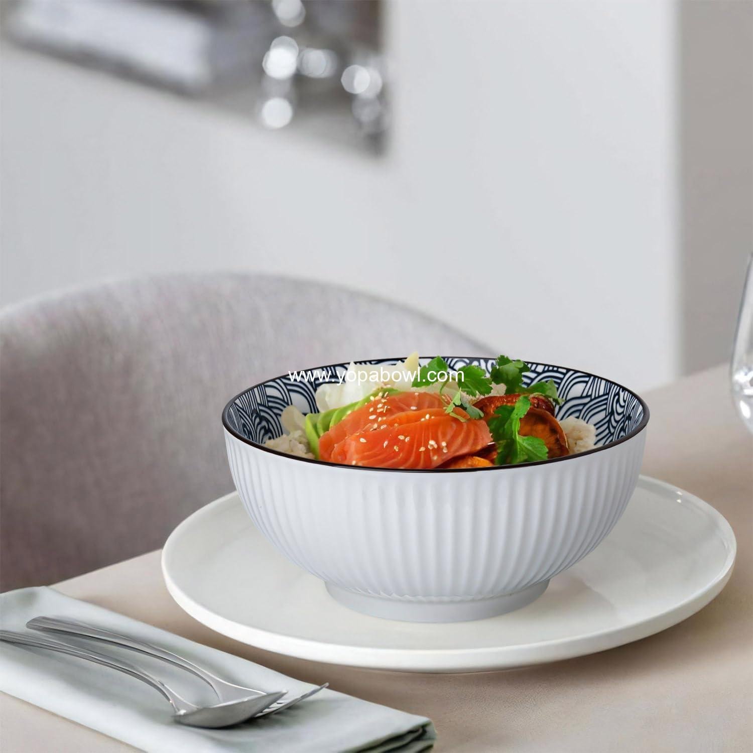 Wholesale 60 oz Large Soup Bowls Set of 3 - 8 Inch Blue and White Porcelain Ramen Bowls with Wave Pattern Factory