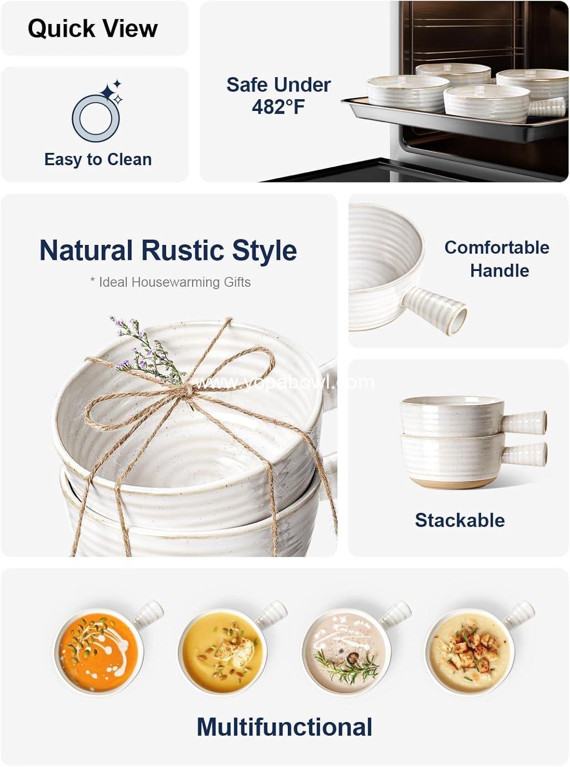 Wholesale 18 Ounce French Onion Soup Bowls with Handles for Chili and Beef Stew, Microwave and Dishwasher Safe, 5.5 Inch, Set of 4, Arctic White Factory