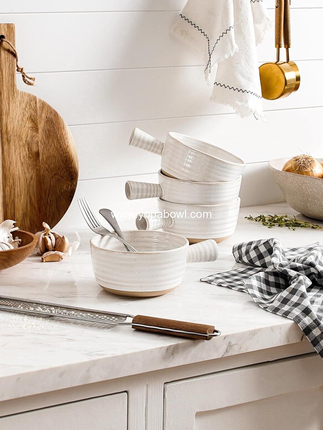 Wholesale 18 Ounce French Onion Soup Bowls with Handles for Chili and Beef Stew, Microwave and Dishwasher Safe, 5.5 Inch, Set of 4, Arctic White Factory