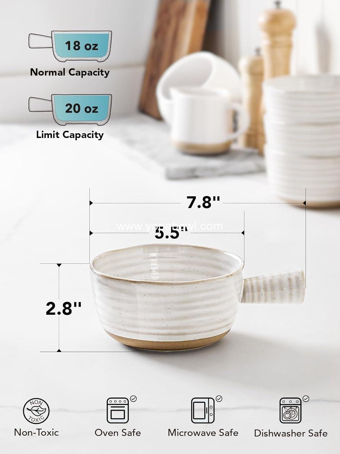 Wholesale 18 Ounce French Onion Soup Bowls with Handles for Chili and Beef Stew, Microwave and Dishwasher Safe, 5.5 Inch, Set of 4, Arctic White Factory