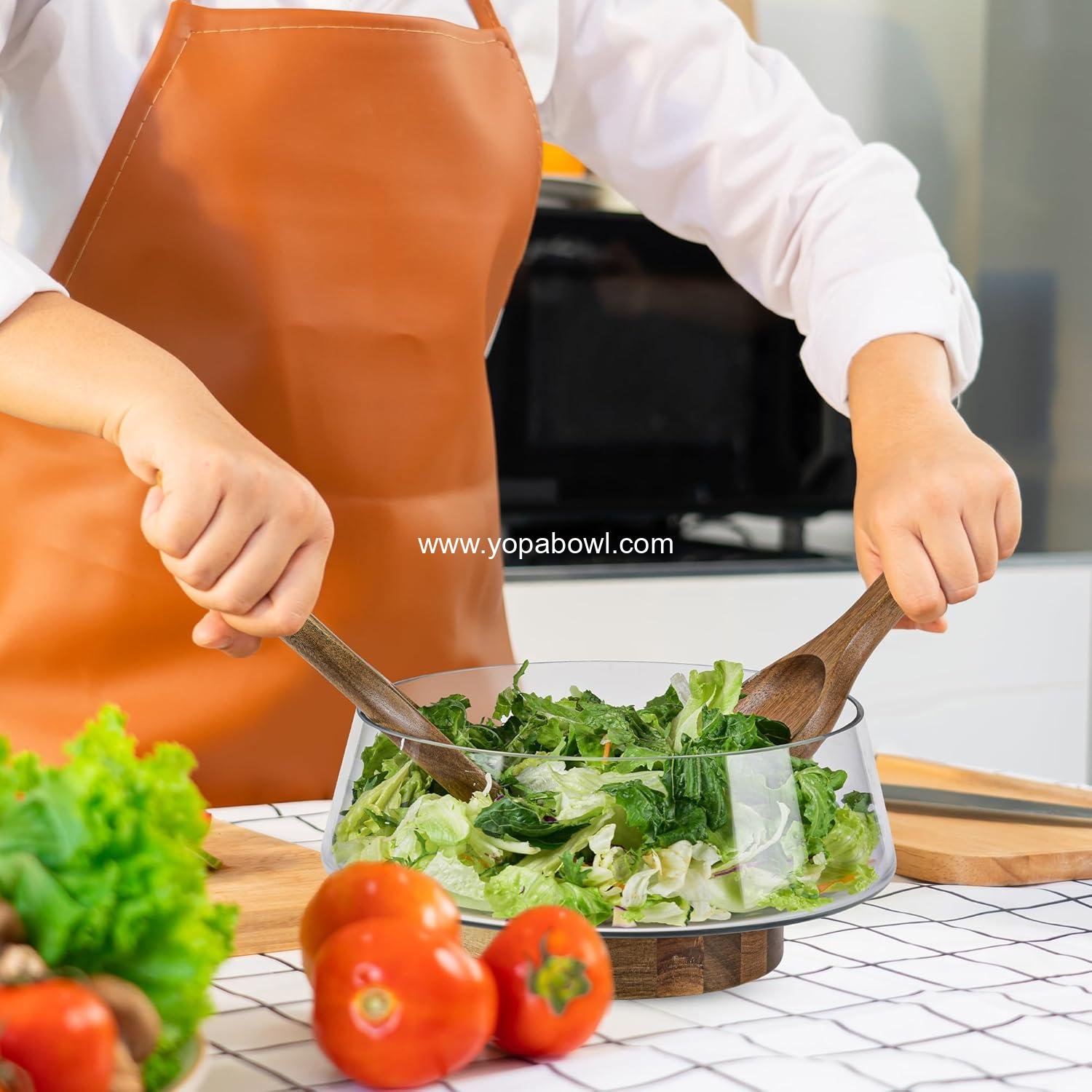 Wholesale Extra Large Glass Salad Bowl Set - Party Bowls with Acacia Wood Base and Serving Utensils - Elegant and Practical Kitchen Essential Factory