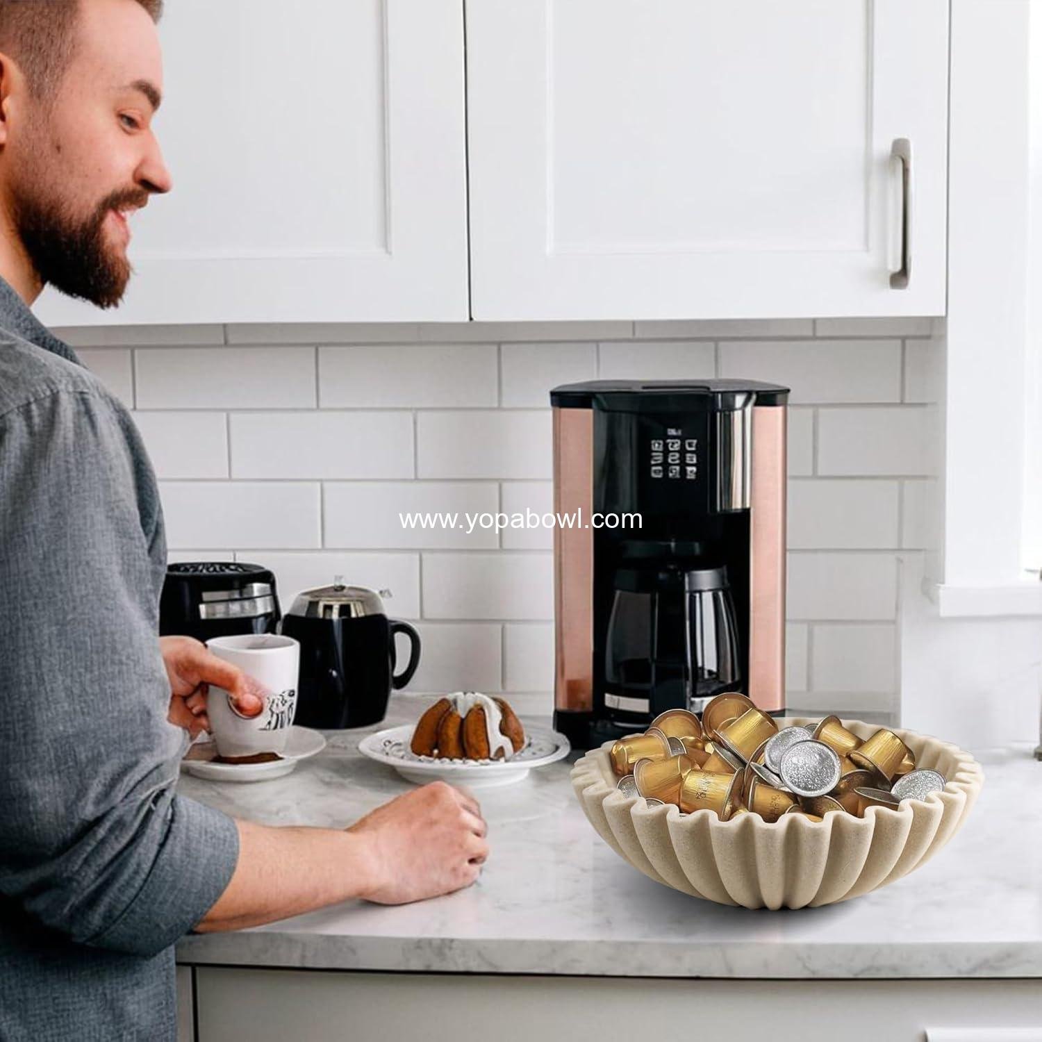 Wholesale Modern Decorative Bowl, Handcrafted Fruit Bowl for Kitchen Counter, Stylish Ruffle Decor and Key Bowl for Entry Table, Artificial Stone Beige, Factory
