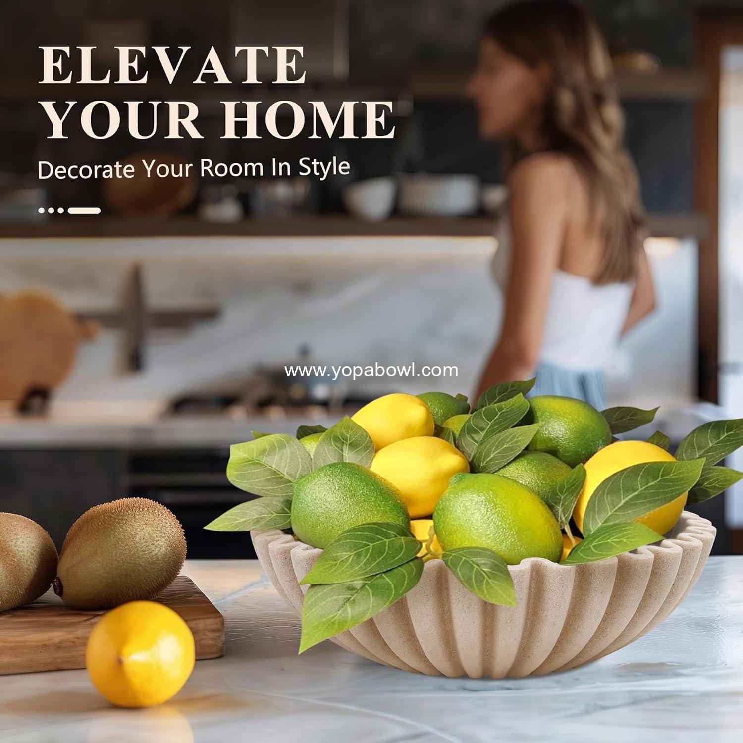 Wholesale Modern Decorative Bowl, Handcrafted Fruit Bowl for Kitchen Counter, Stylish Ruffle Decor and Key Bowl for Entry Table, Artificial Stone Beige, Factory