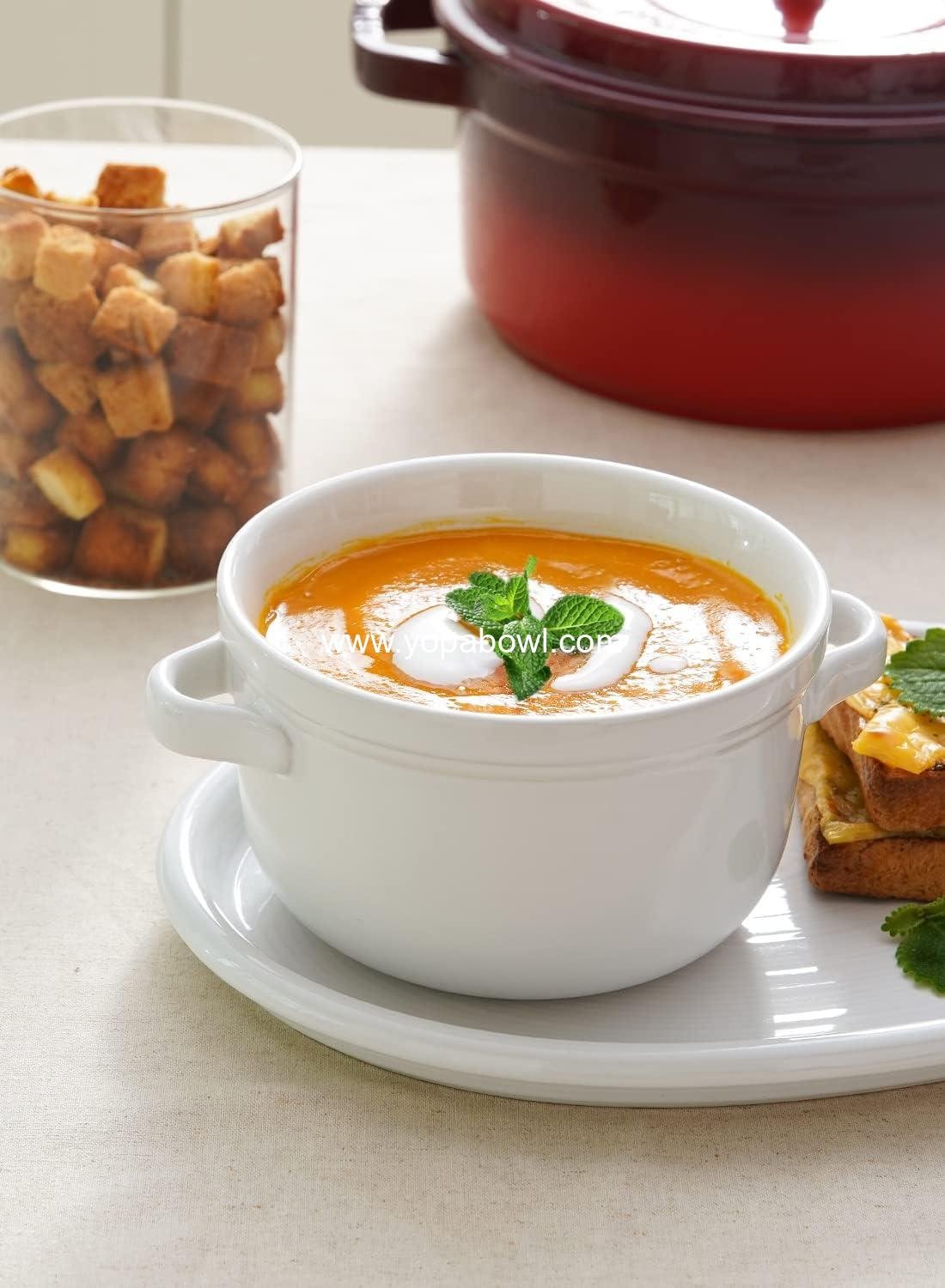 OEM 28 oz Soup Bowls With Handles, 5.5 inch Ceramic Crocks for Chili, Beef Stew, Cereal, Oven Safe, Microwave Dishwasher Safe, Set of 4, White Factory OEM 28 oz Soup Bowls With Handles, 5.5 inch Ceramic Crocks for Chili, Beef Stew, Cereal, Oven Safe, Microwave Dishwasher Safe, Set of 4, White Factory