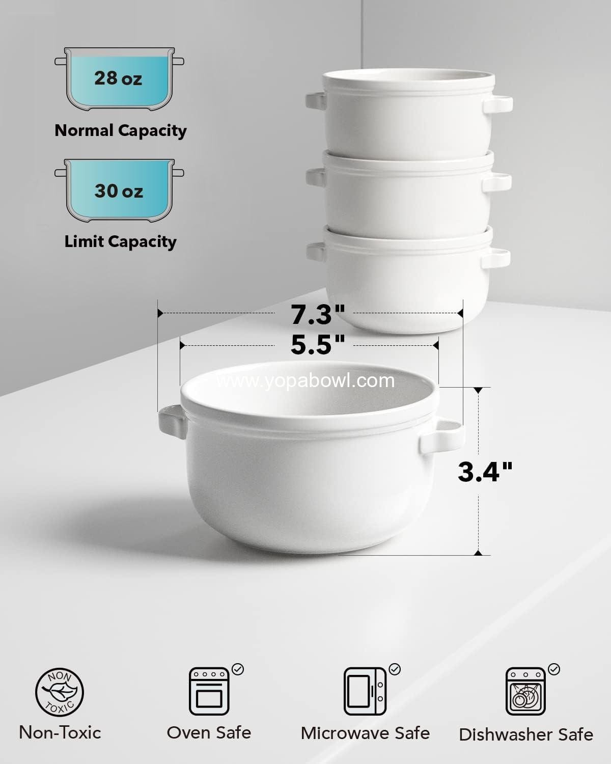 OEM 28 oz Soup Bowls With Handles, 5.5 inch Ceramic Crocks for Chili, Beef Stew, Cereal, Oven Safe, Microwave Dishwasher Safe, Set of 4, White Factory OEM 28 oz Soup Bowls With Handles, 5.5 inch Ceramic Crocks for Chili, Beef Stew, Cereal, Oven Safe, Microwave Dishwasher Safe, Set of 4, White Factory